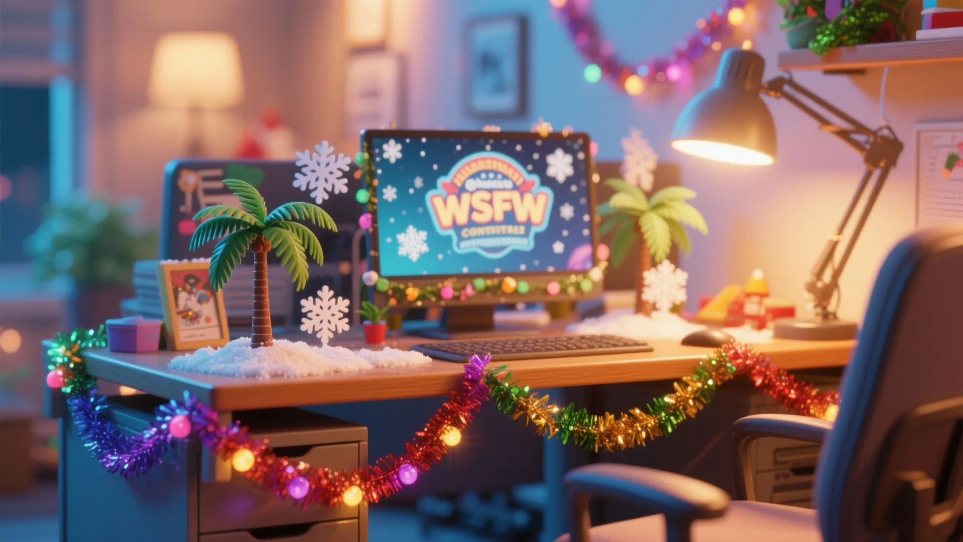Office desk decorated with artificial snow palm trees and colorful lights for a holiday design contest