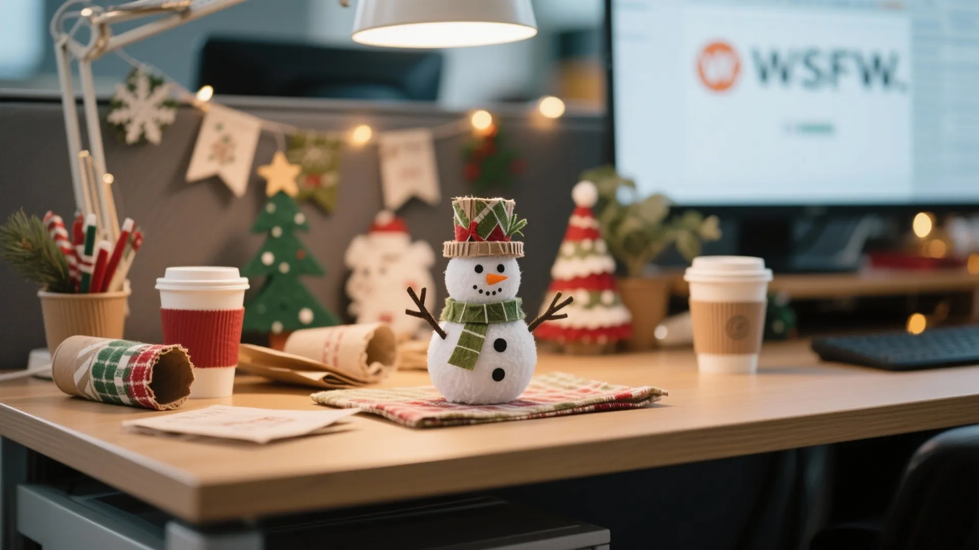 Wooden desk decorated with a small snowman figure coffee cups and colorful Christmas tree ornaments