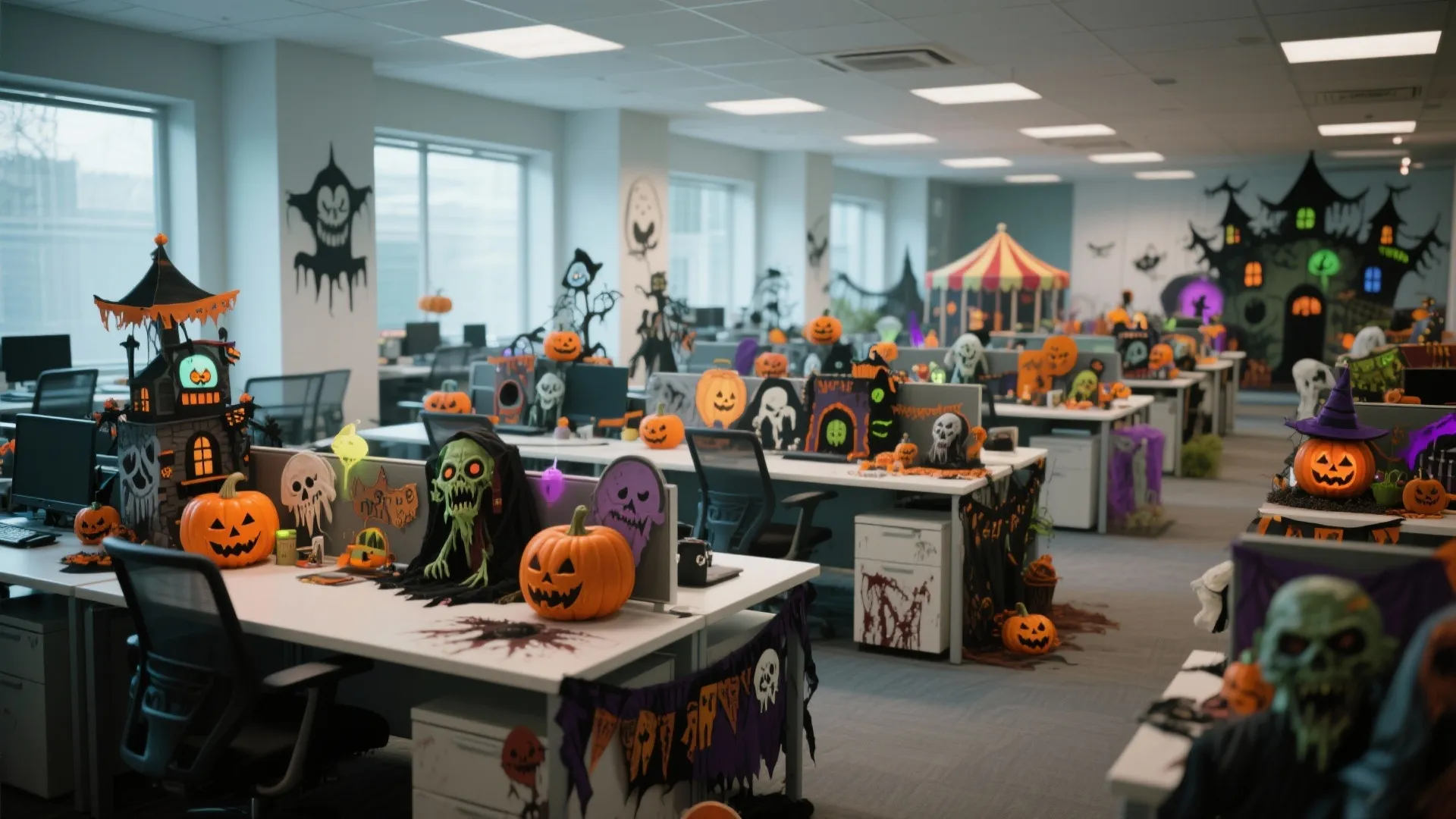 Open office layout with desks covered in Halloween decorations including pumpkins monsters and spooky stickers