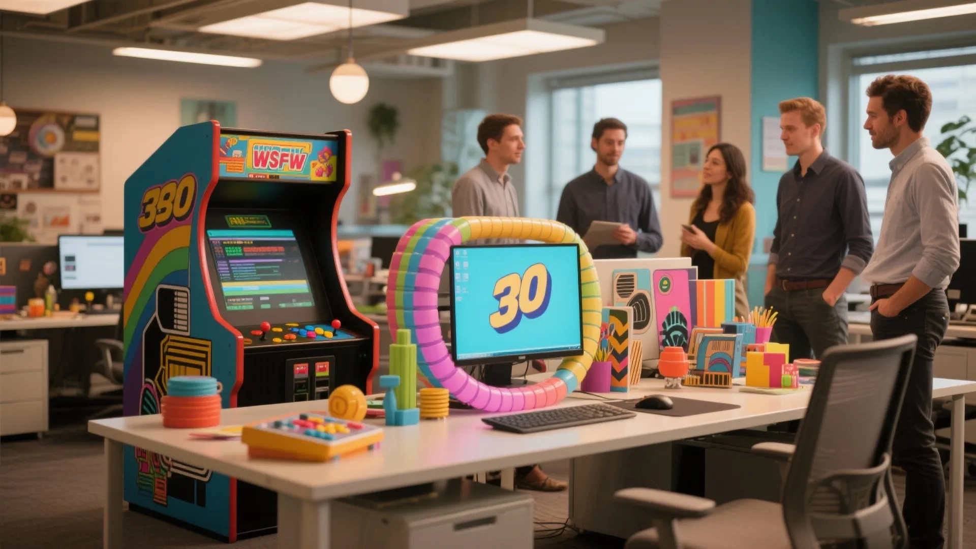 Office desk with retro arcade machine colorful computer monitor and professional workers talking in background scene