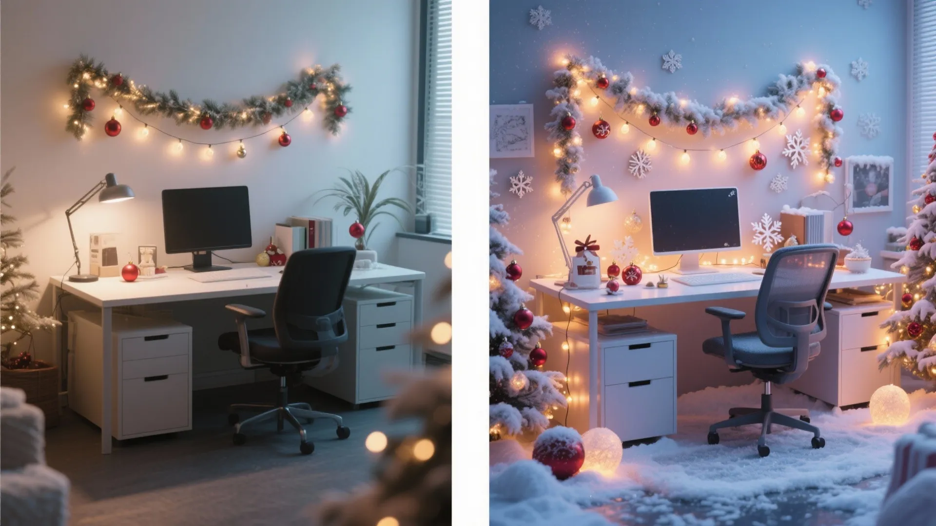 Comparison of a clean white desk versus a festive desk with snow and christmas decorations