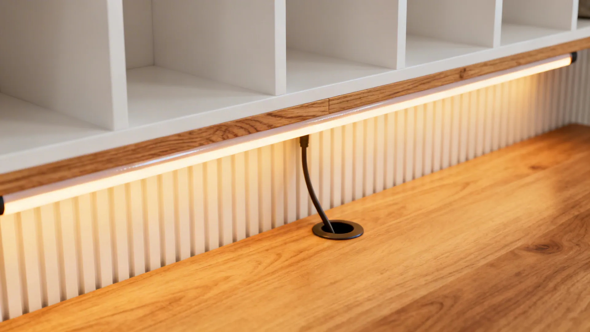 Built-in desk wall with layered lighting