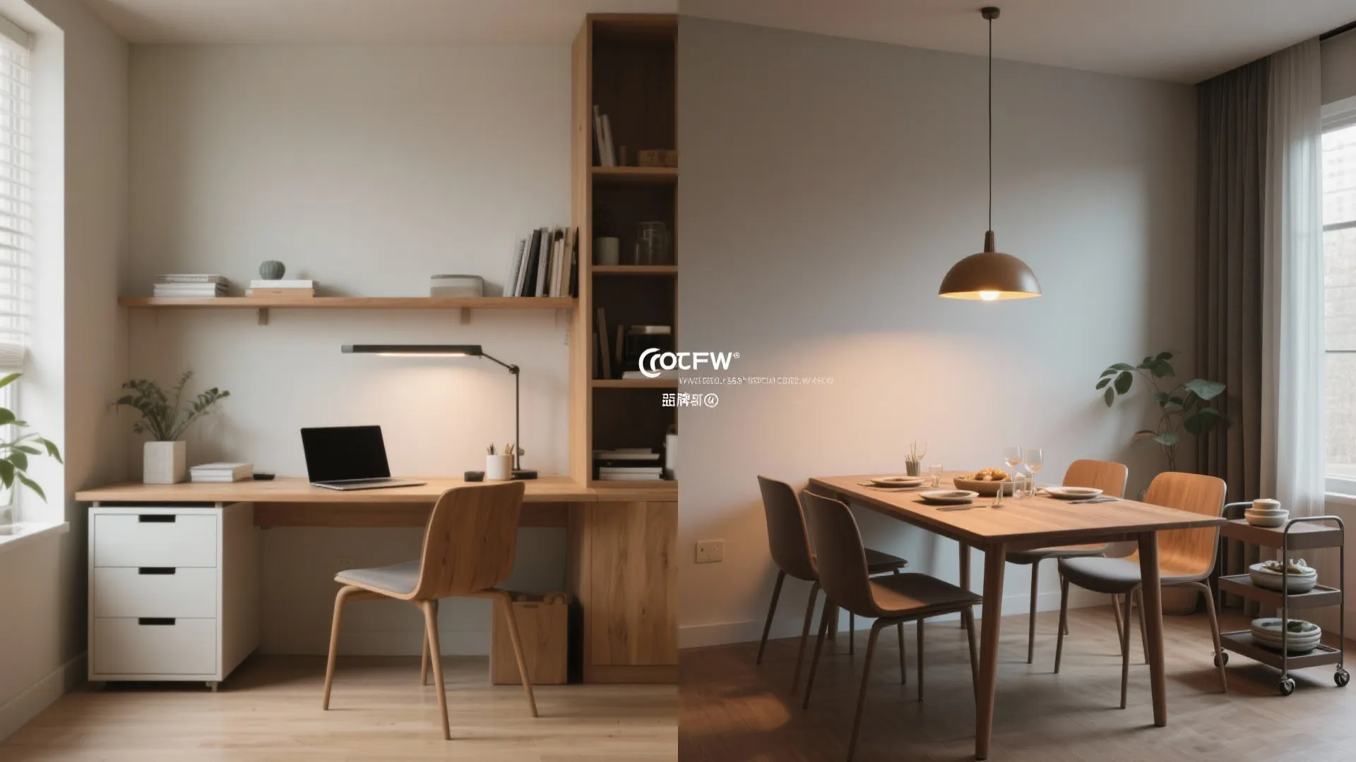 Split screen image showing a wooden study desk and a dining table with ceiling light