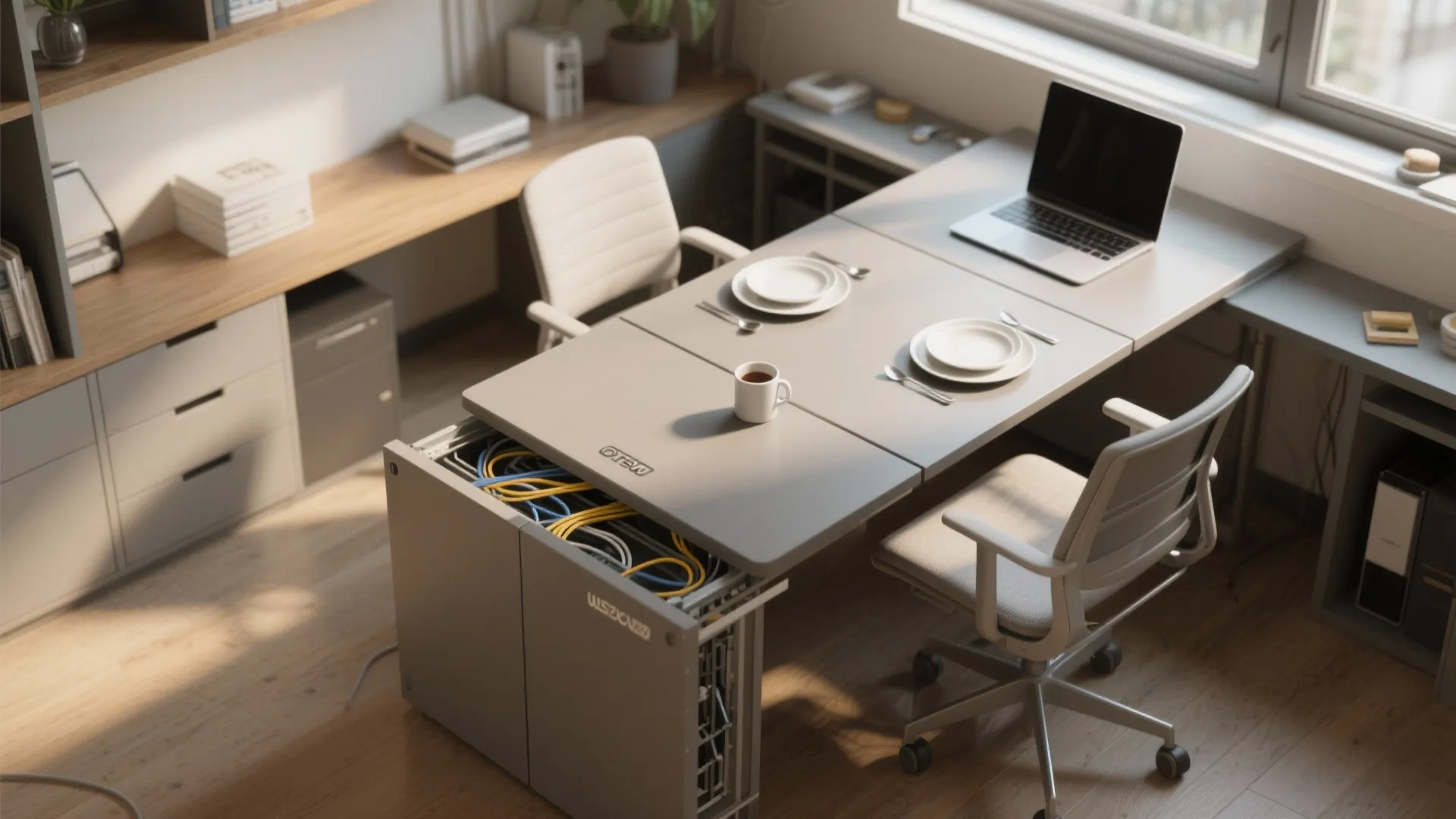 Grey desk used for dining and working with laptop plus chairs and built in cabinet