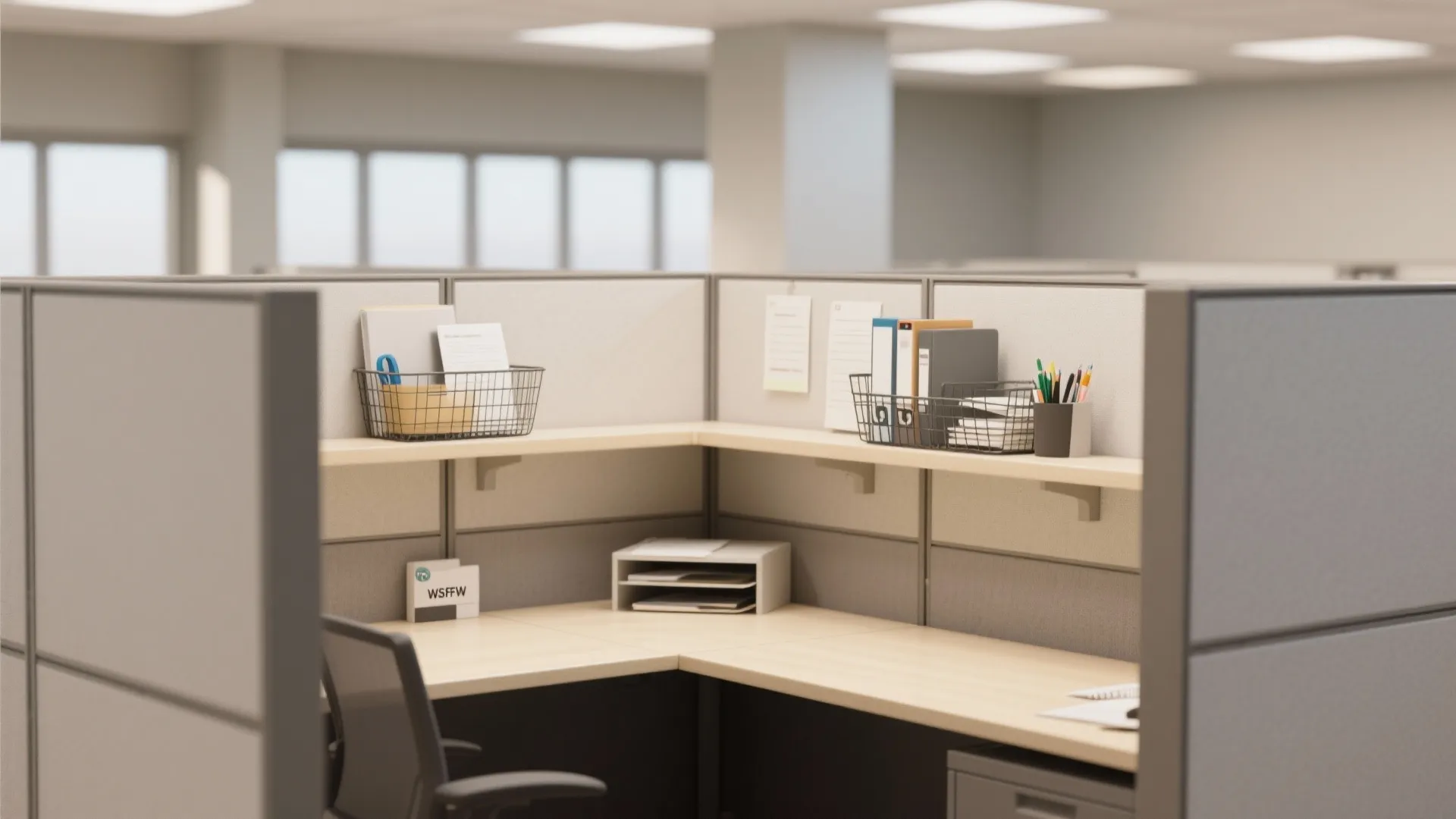 Clean office cubicle corner with wooden desk and metal wire baskets for organizing paper files