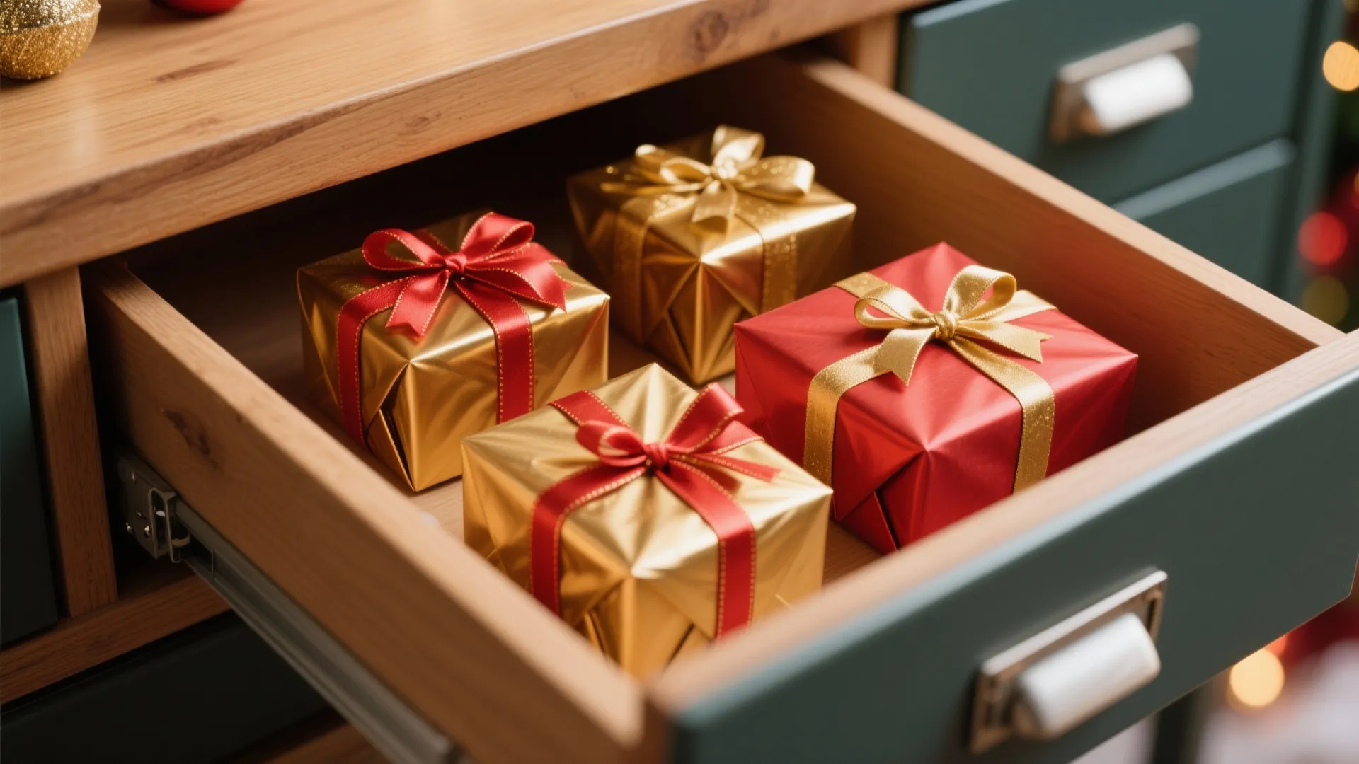 Open wooden desk drawer containing four small red and gold gift boxes with satin ribbons