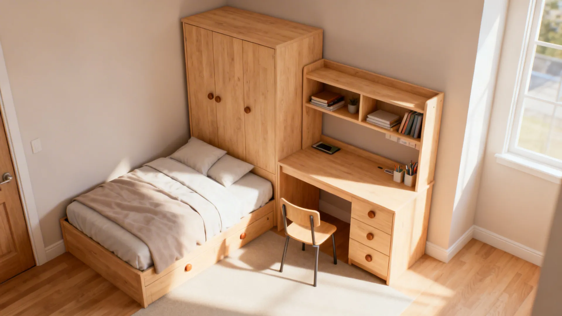 Compact bed paired with a matching desk-dresser combo showing a cohesive finish and minimal circulation