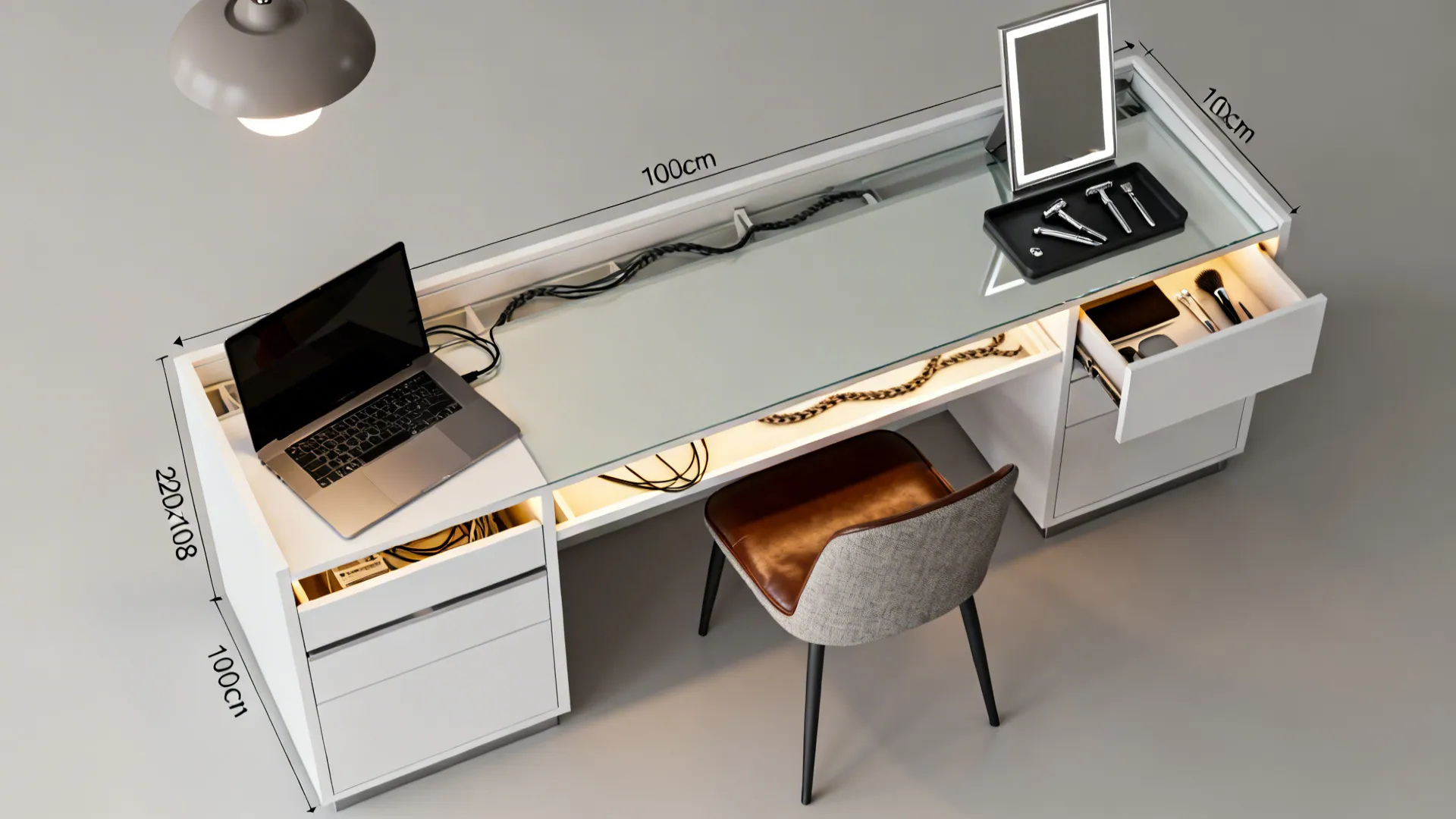 White desk with glass top showing dimensions and chair used as a combined workspace dresser