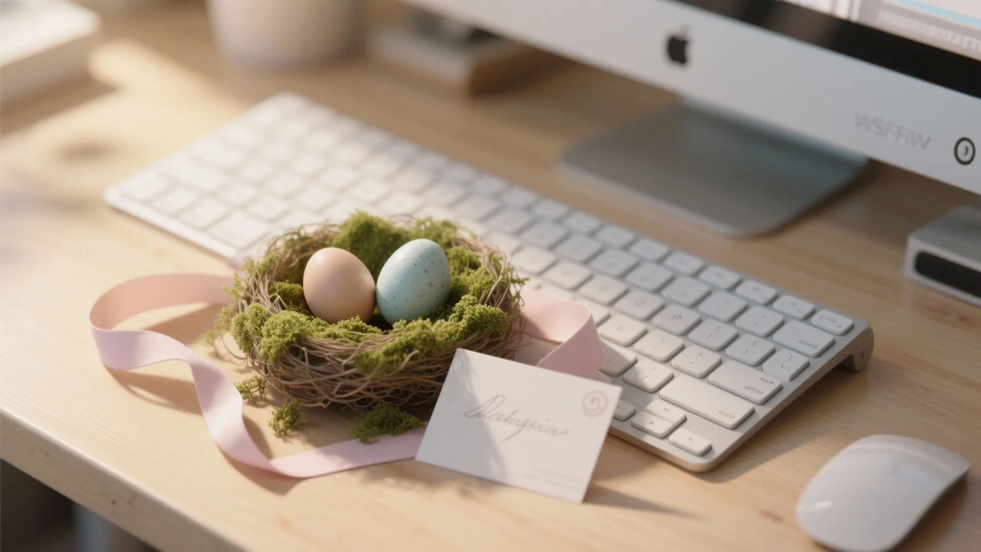 Two Easter eggs in nest with pink ribbon on desk next to white computer keyboard