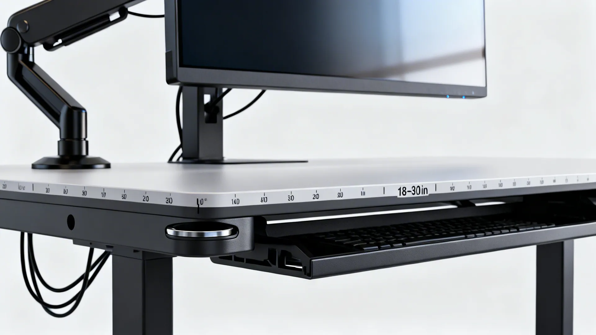 Close-up of desk ergonomics: cable grommet, under-desk tray, anti-glare screen and monitor arm.