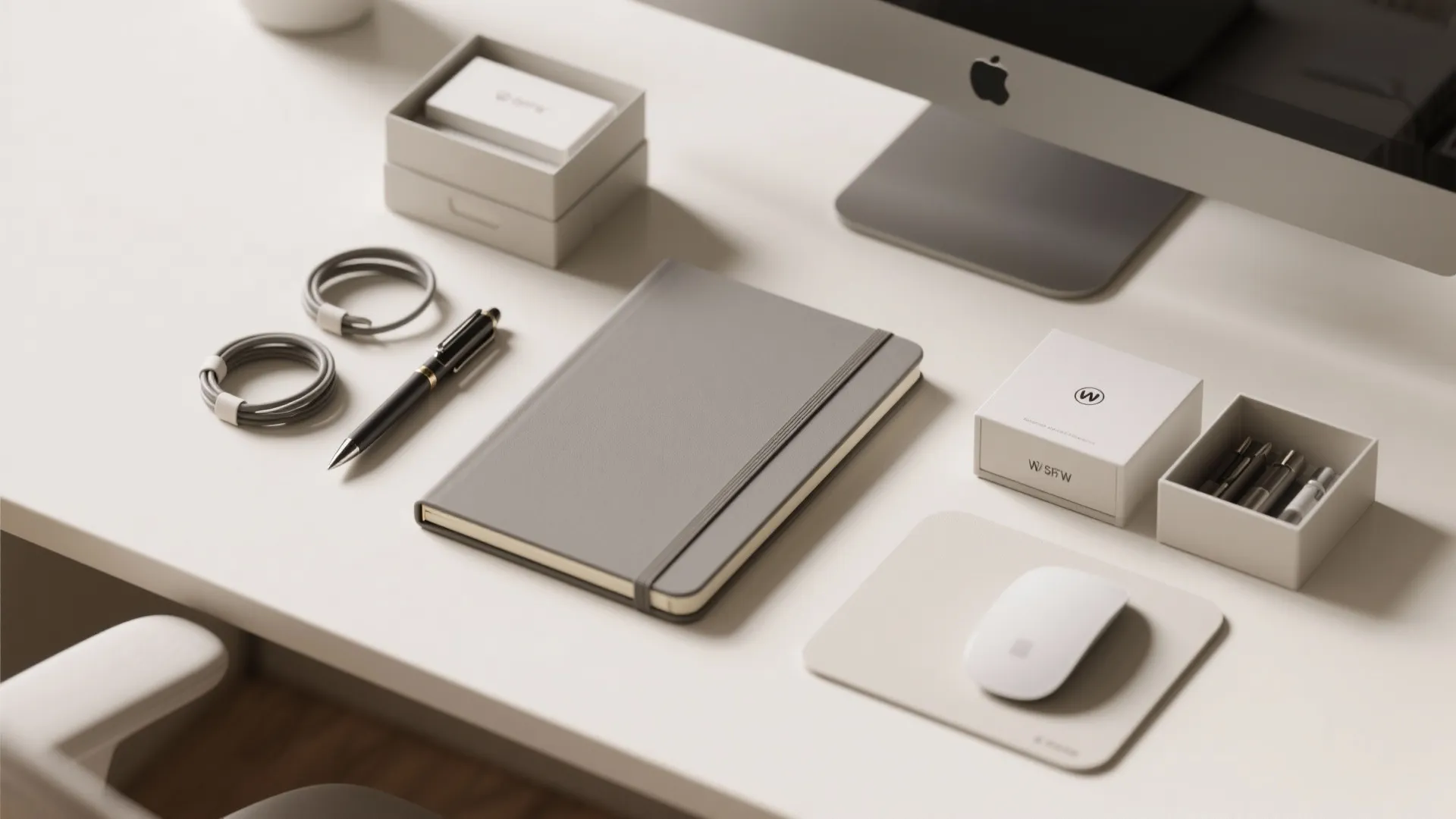 Modern white desk with notebook pen mouse computer and small storage boxes for office organization