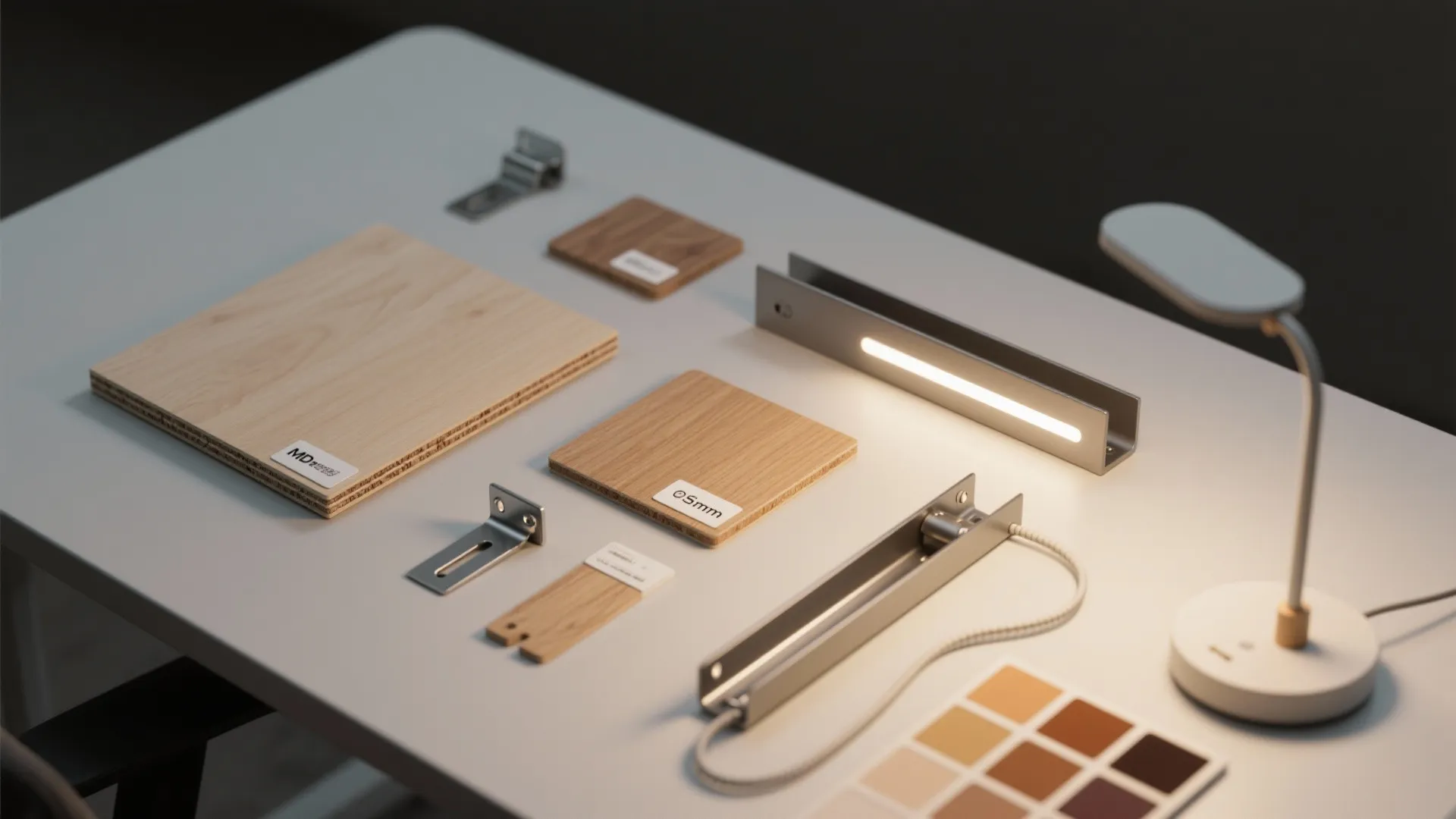 Desk construction materials including wood panels metal brackets light fixtures and color palette on white table