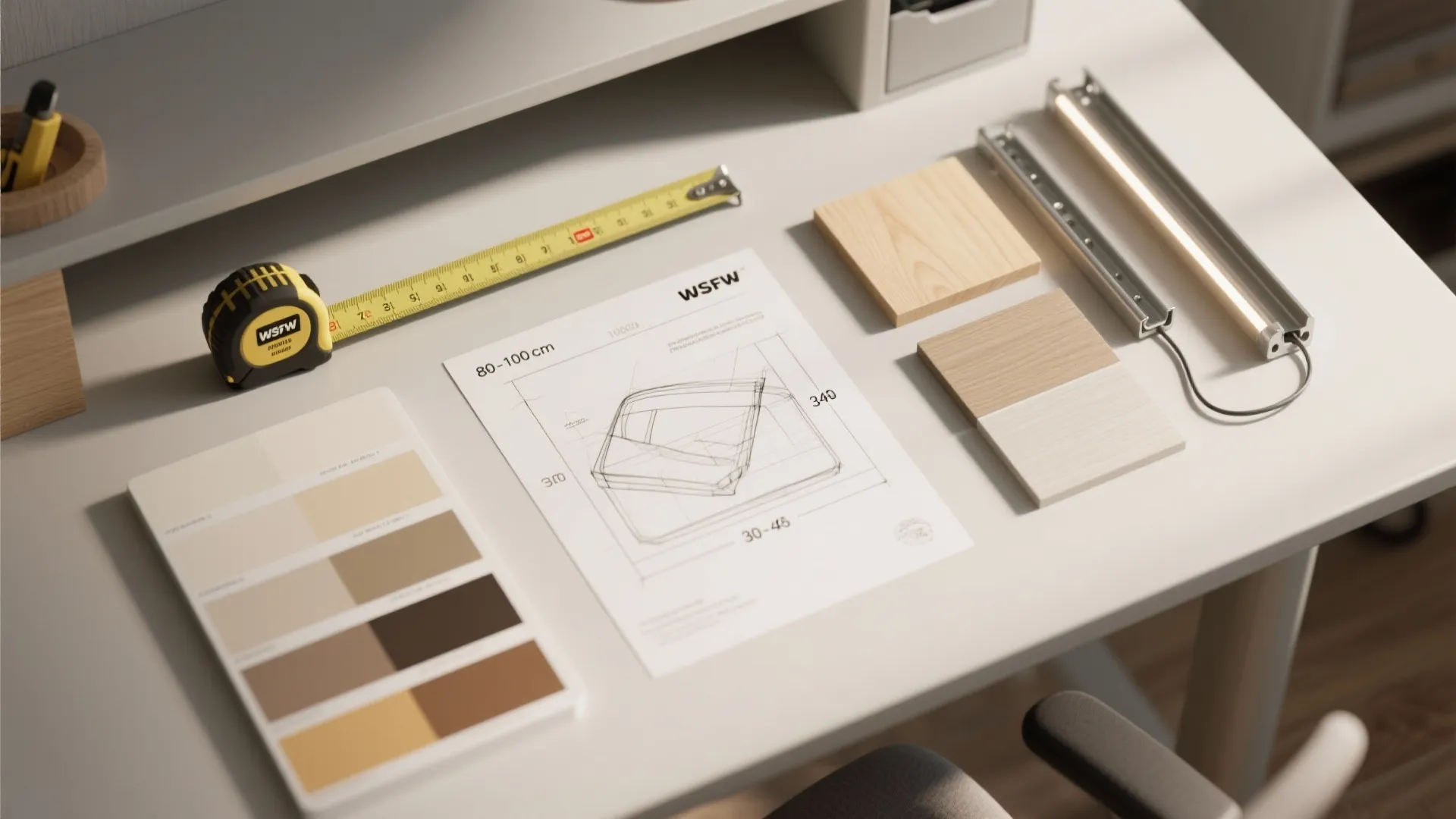 Desk surface with tape measure, furniture design drawing, wood samples, and a color swatch card