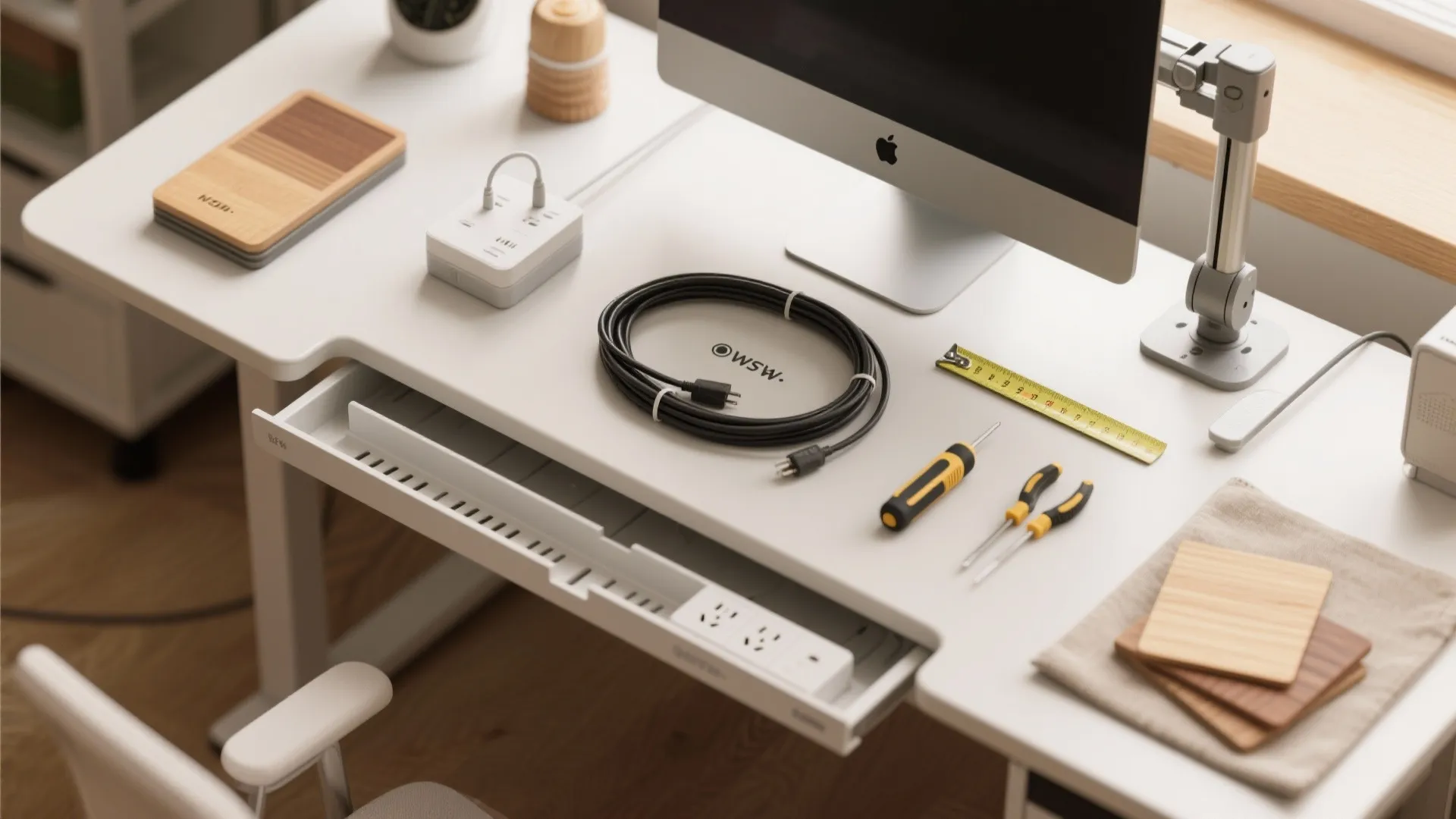 Top-down flatlay of cable management tools, power strips, monitor arm hardware and material swatches for compact standing desks.