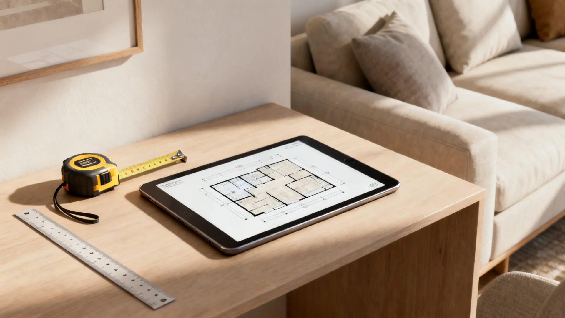 Living-room desk corner being measured with a tablet floor plan to show clearance and planning