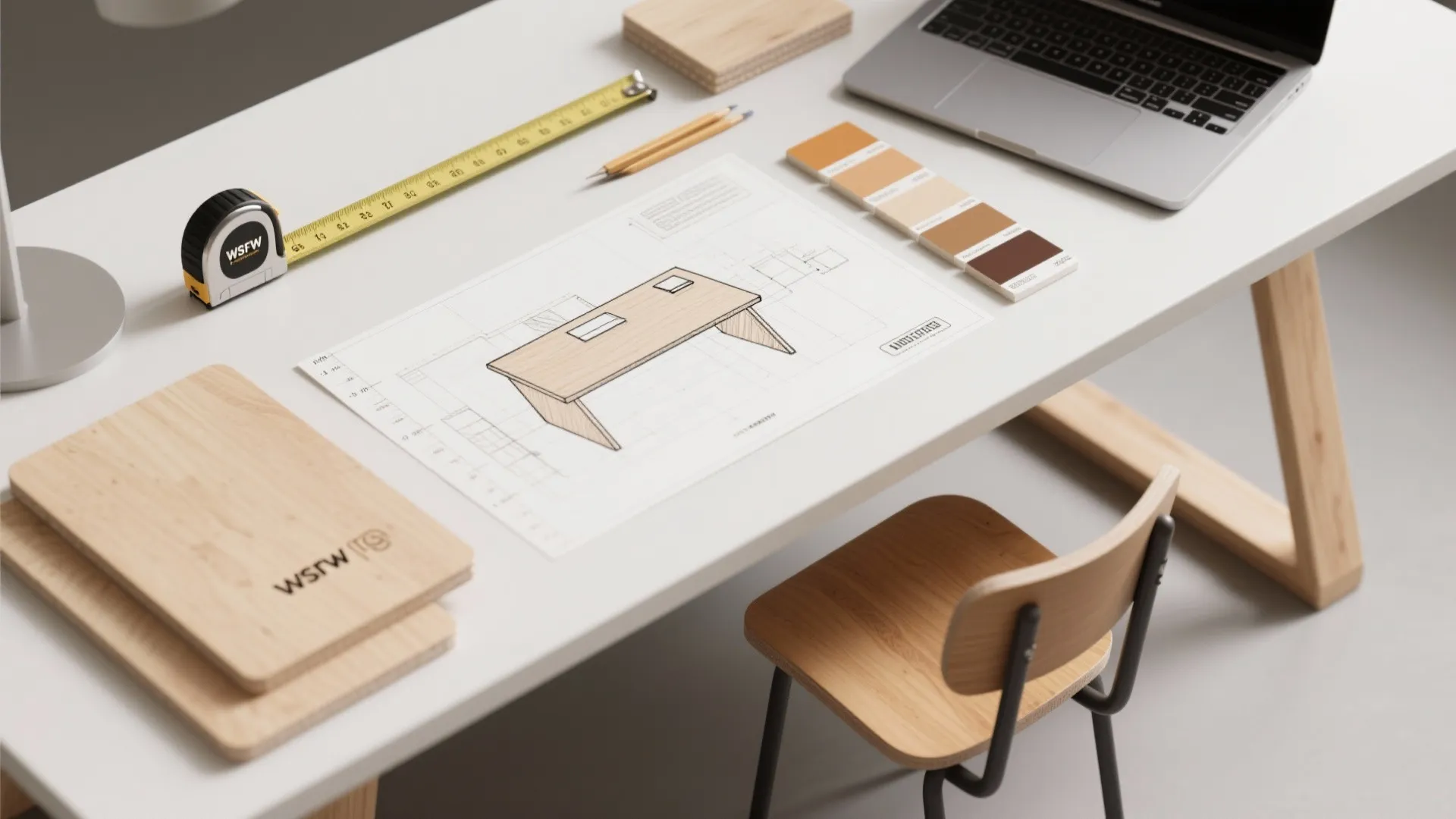 Top-down flatlay of desk planning tools, swatches, and sketches for small desk builds.