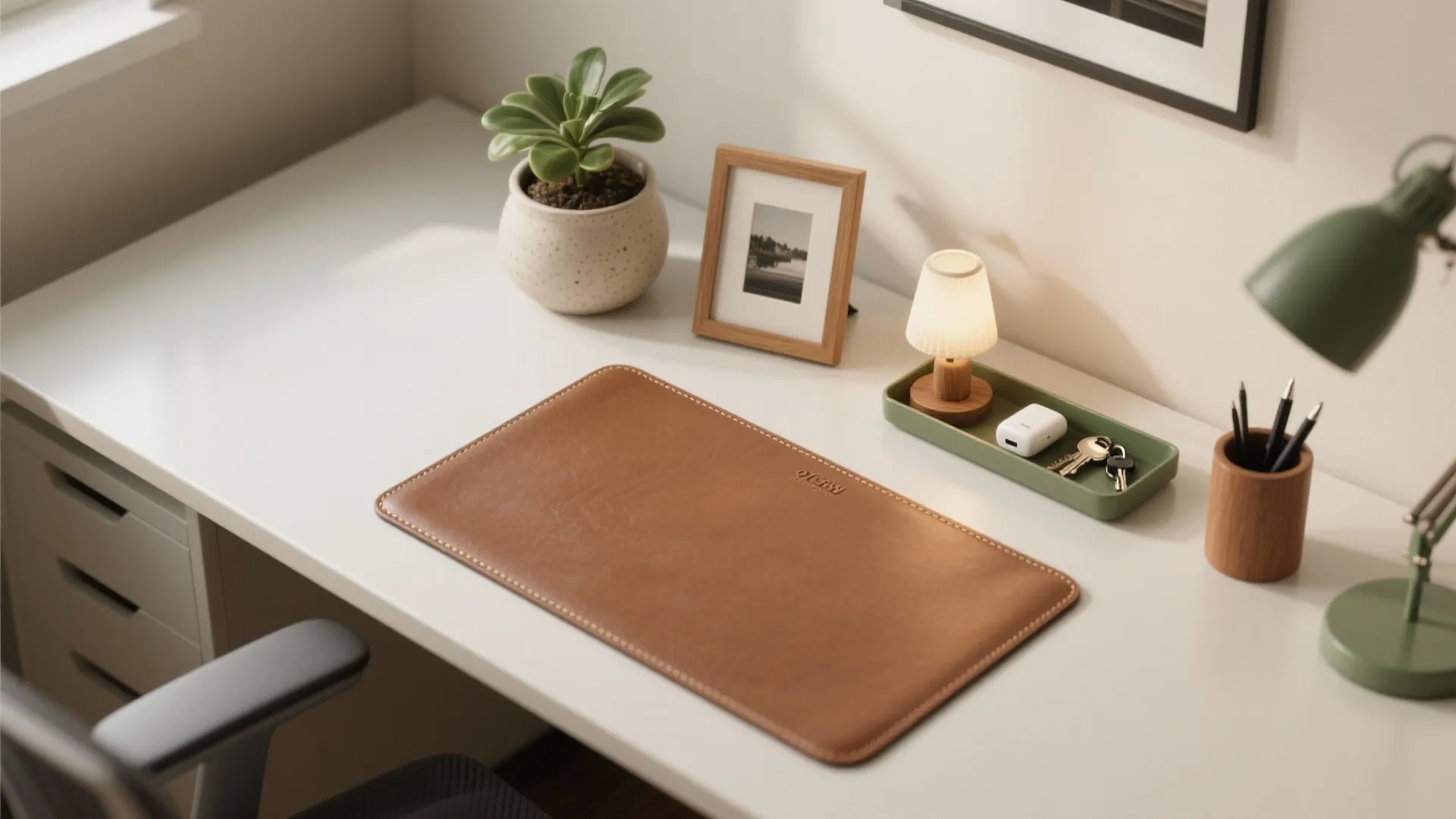 Minimalist white desk with brown leather mat green plant picture frame and small desk lamp