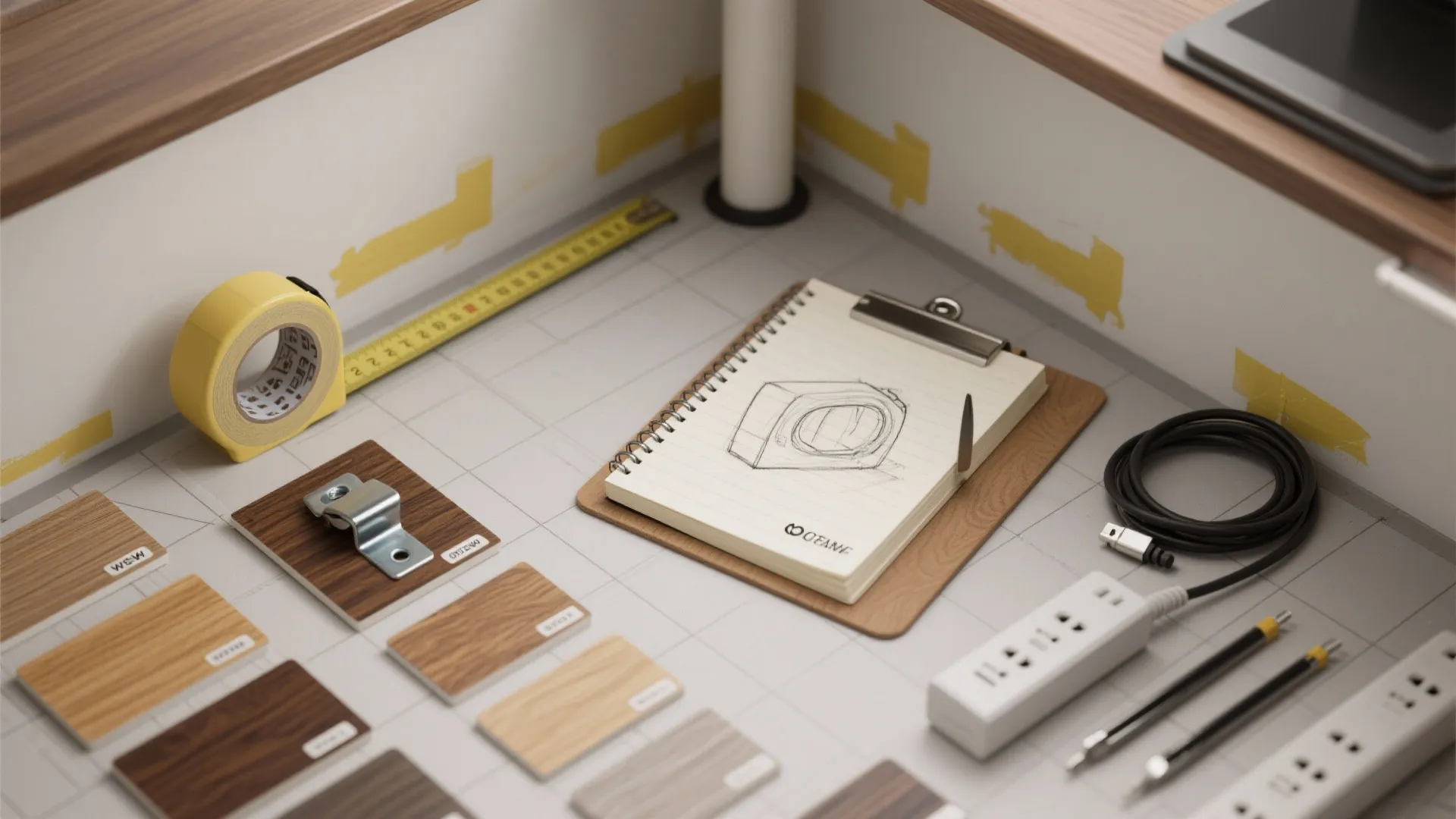 Interior design planning tools featuring wood samples, a sketchbook, tape measure, power strip, and cables