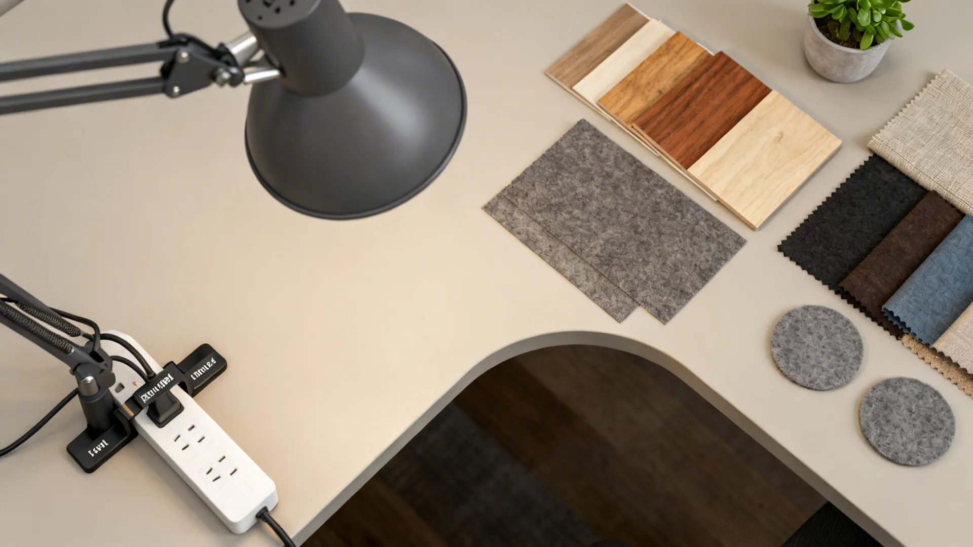 Flatlay of L-desk accessories and material swatches including lamp, cable clips, and felt pads.