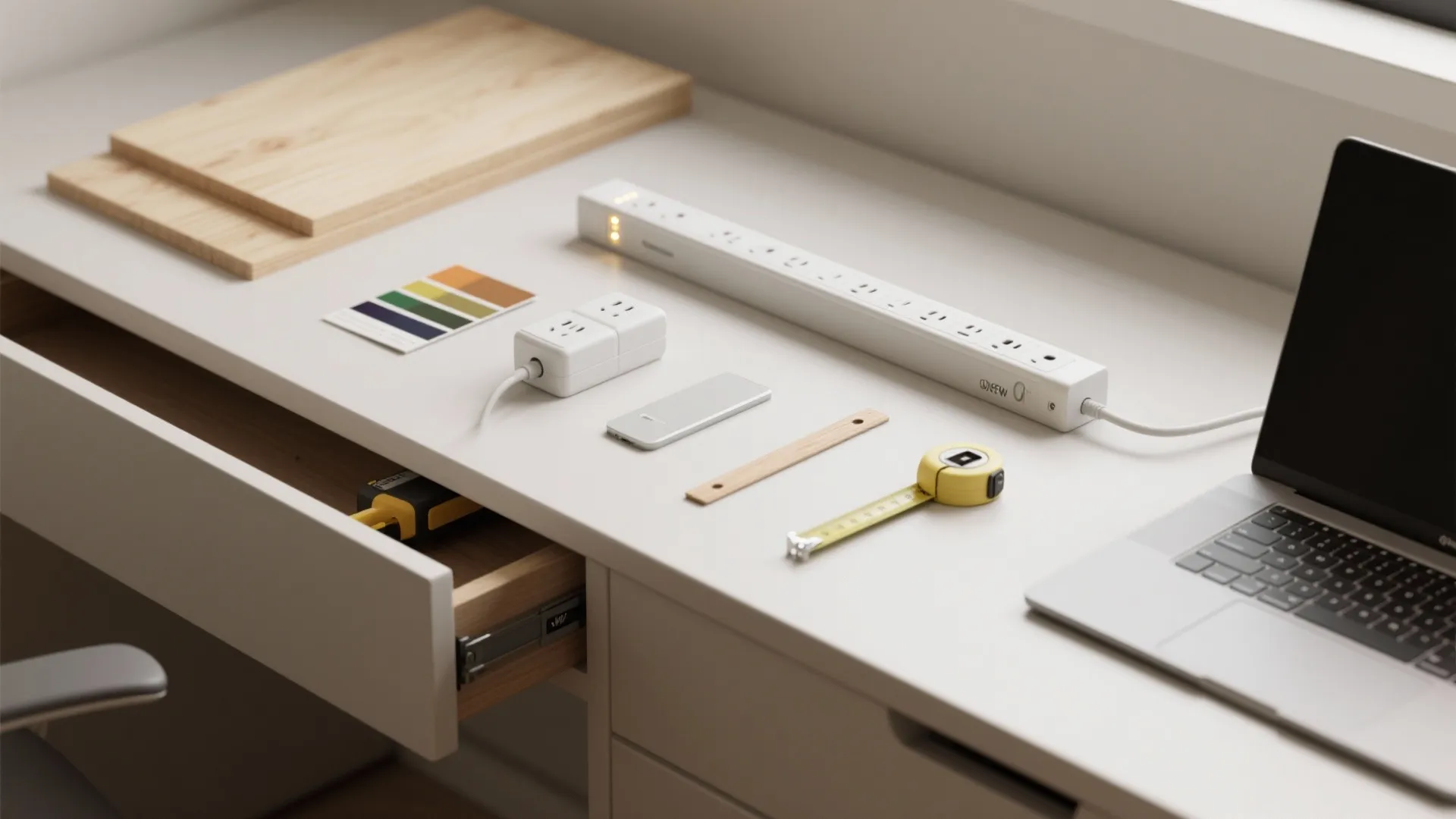 Modern white desk with laptop power strip measuring tape and colorful swatches for interior design