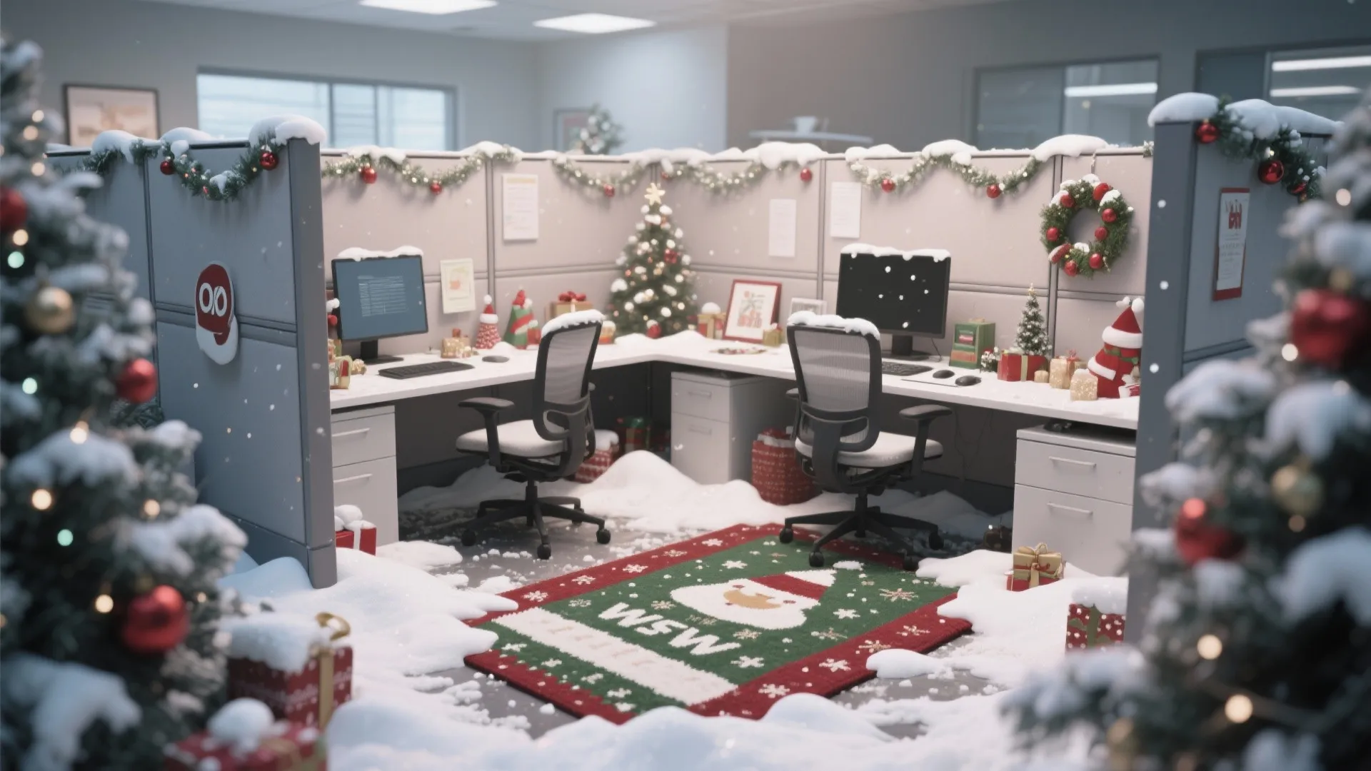 Office cubicle workstations decorated with snow christmas trees wreaths garlands gifts and a santa floor rug