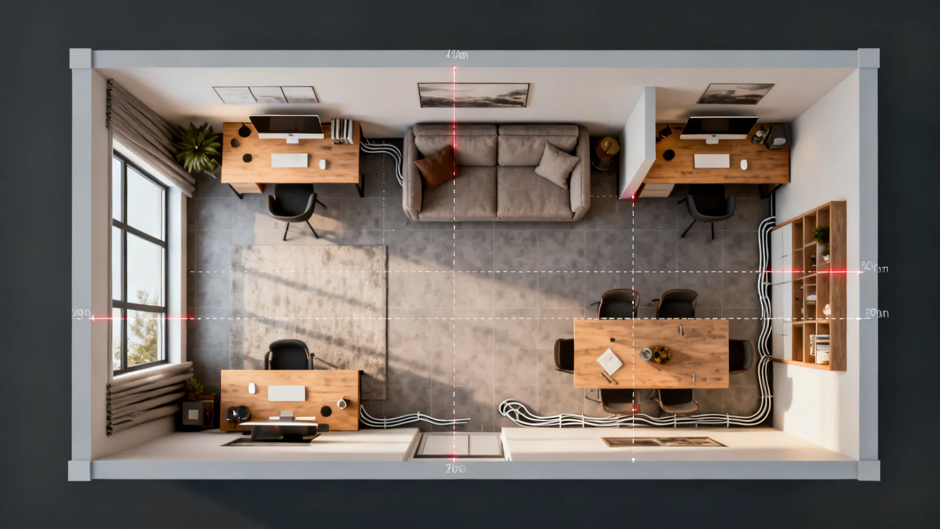 Top-down floor-plan visualization showing five desk placement options and sightlines in a living room.