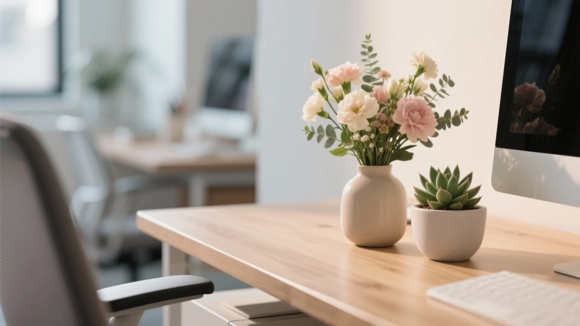 Wooden office desk with pink flowers in white vase next to a small green plant