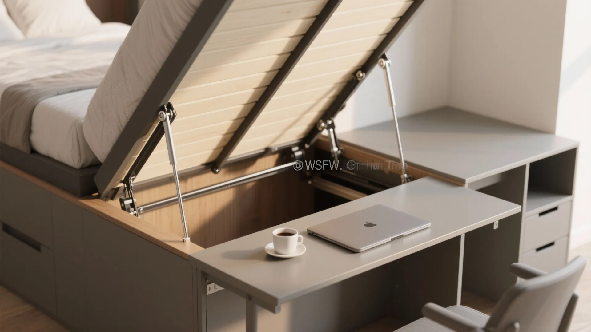 Folding bed integrated with a desk shown mid-fold with laptop staying level, detailed hardware visible.