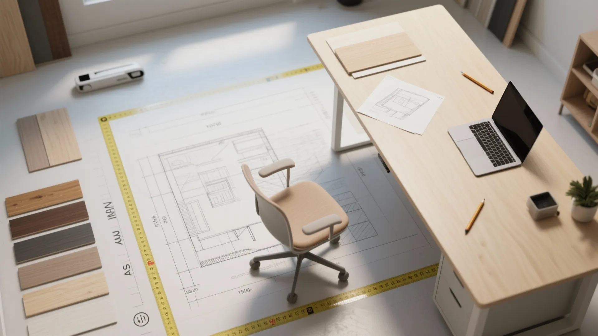 Top-down planning flatlay showing desk footprint taped on floor, measuring tape, sketch and material samples to check fit.