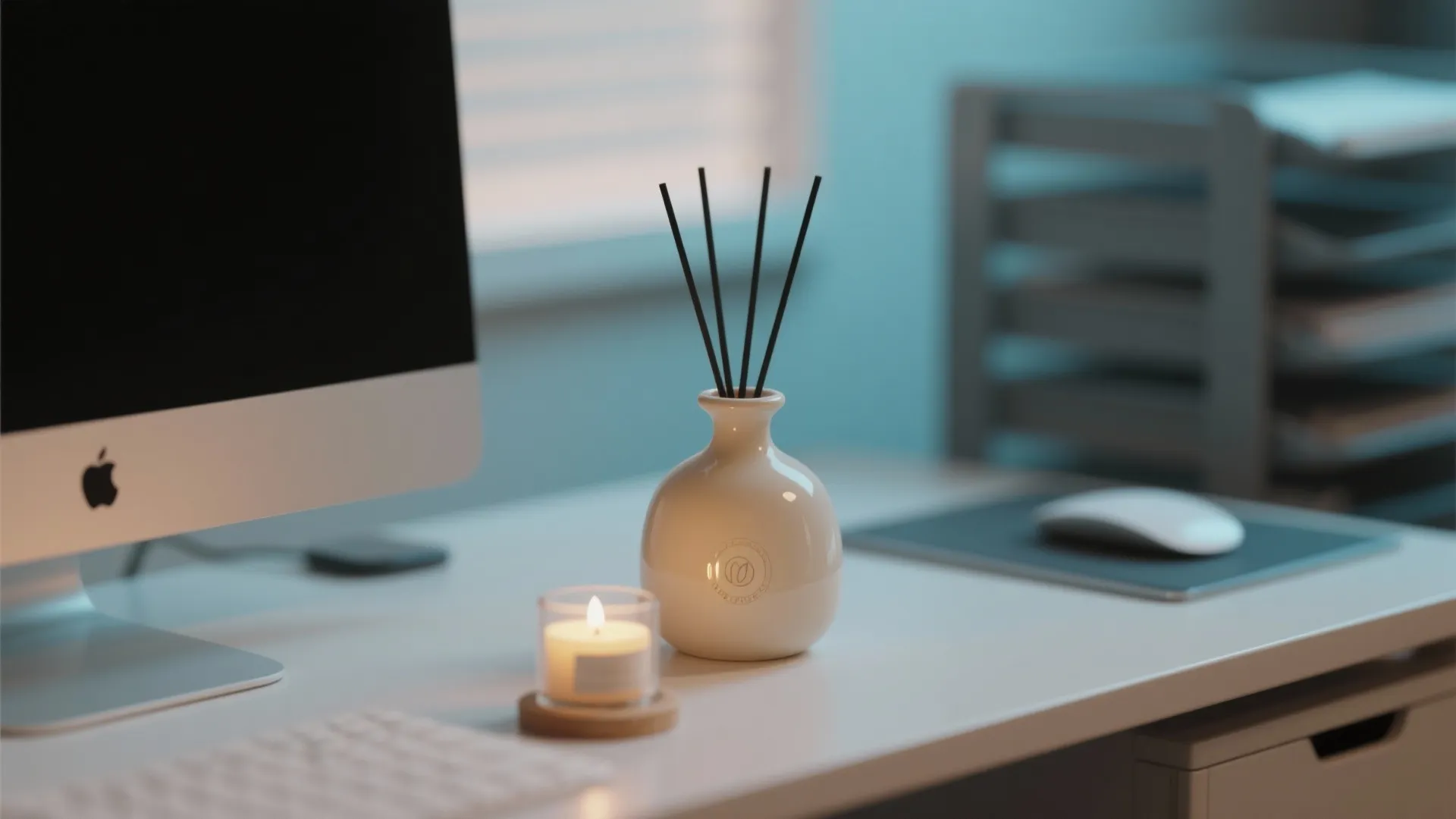 Desk setup featuring a computer monitor, a small burning candle, and a white fragrance bottle