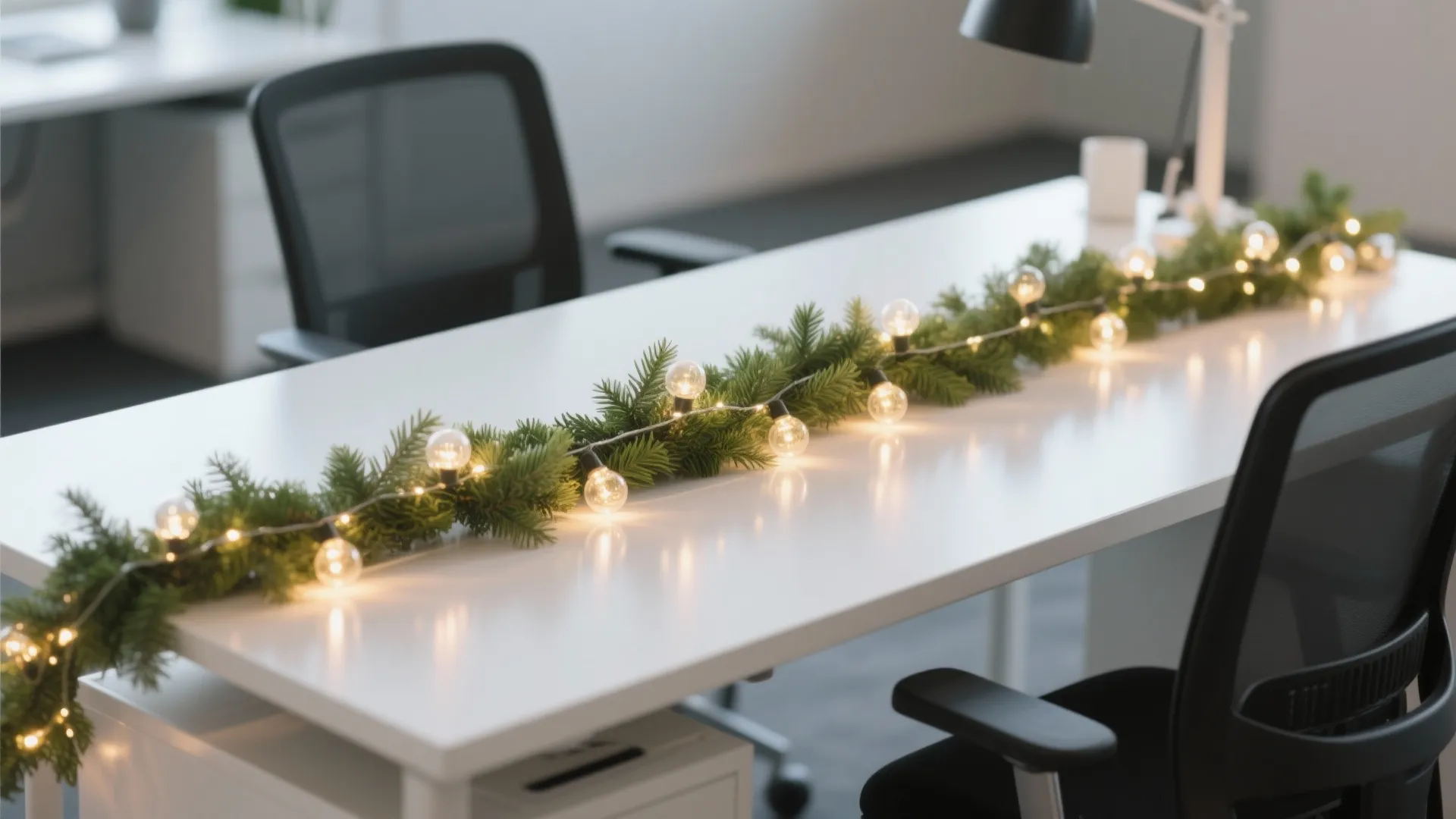 Long green garland with small warm lights decorating a white office desk with black chairs