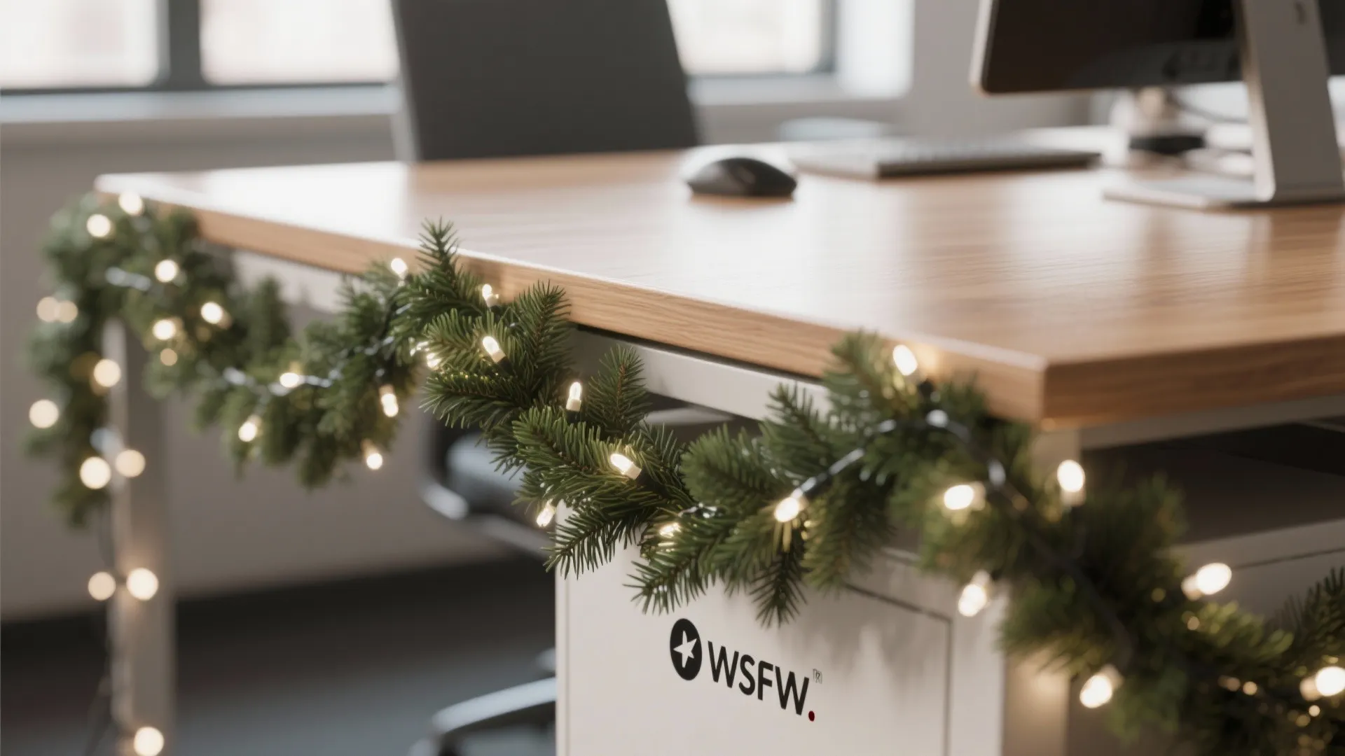 Wooden office desk decorated with green pine garland and glowing warm white lights for holiday