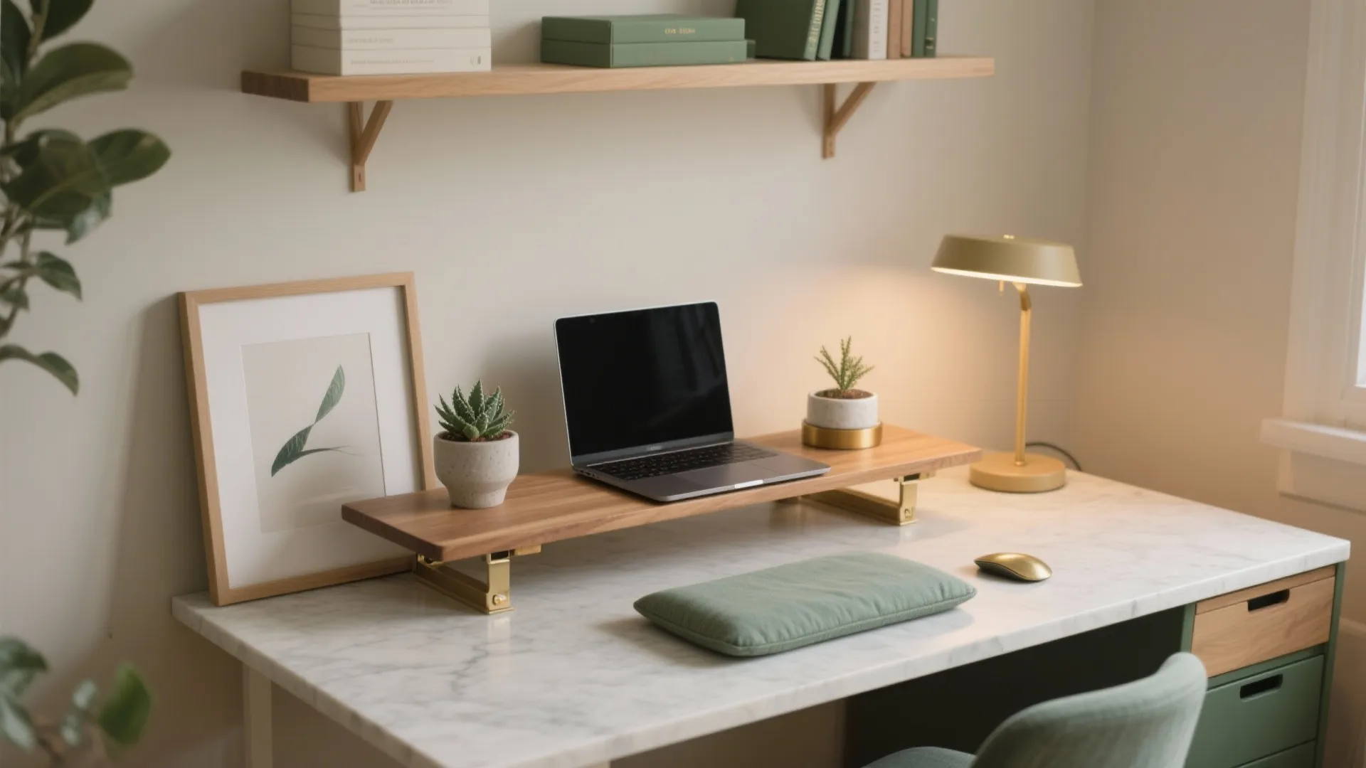 Modern home office setup with laptop on wood stand atop marble desk and gold lamp