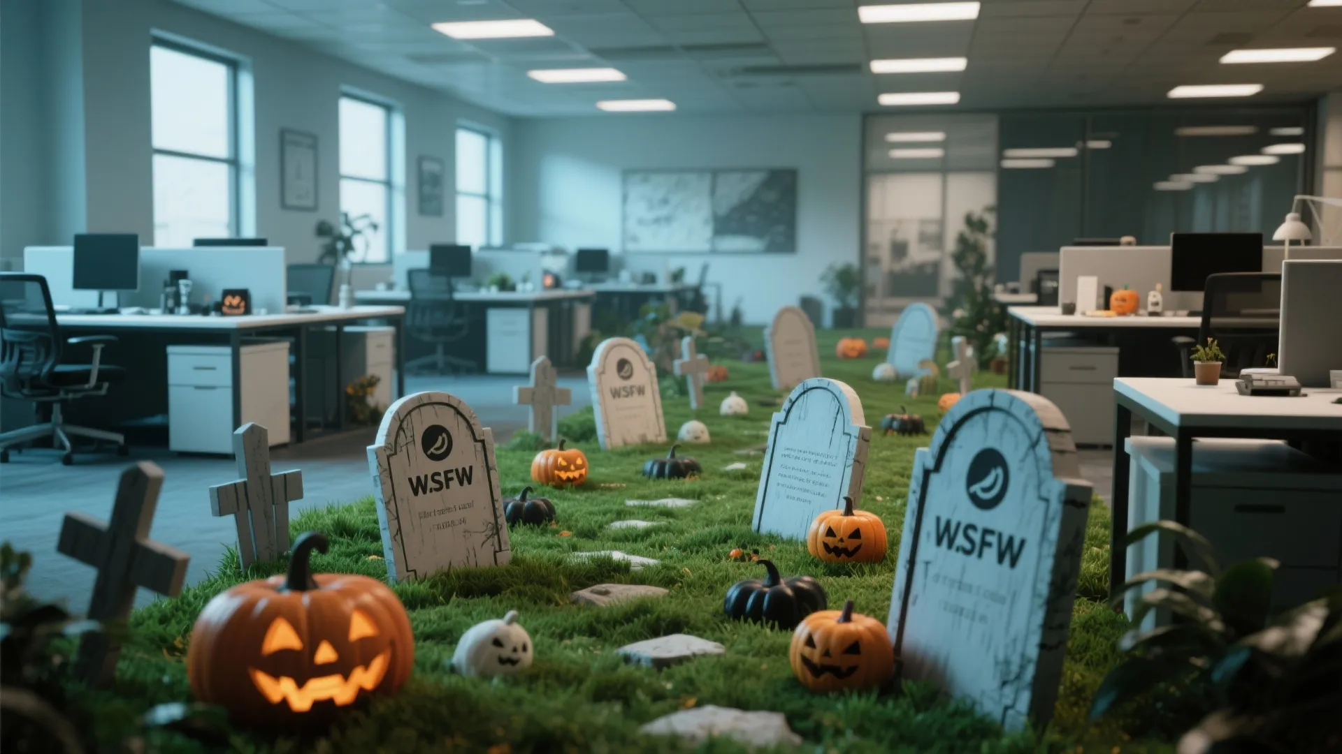 Office interior design with green grass floor featuring halloween pumpkins and tombstones between white desks
