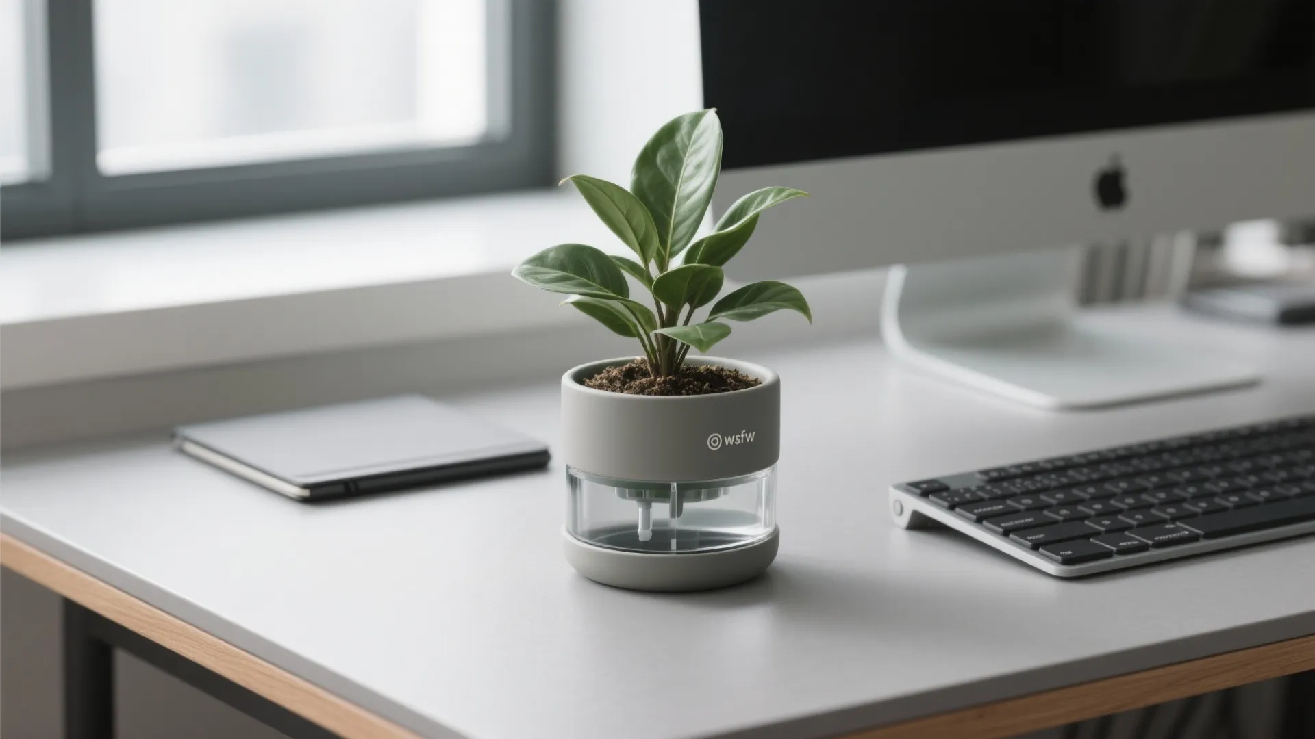 Small green plant in a grey pot on a white office desk with computer monitor