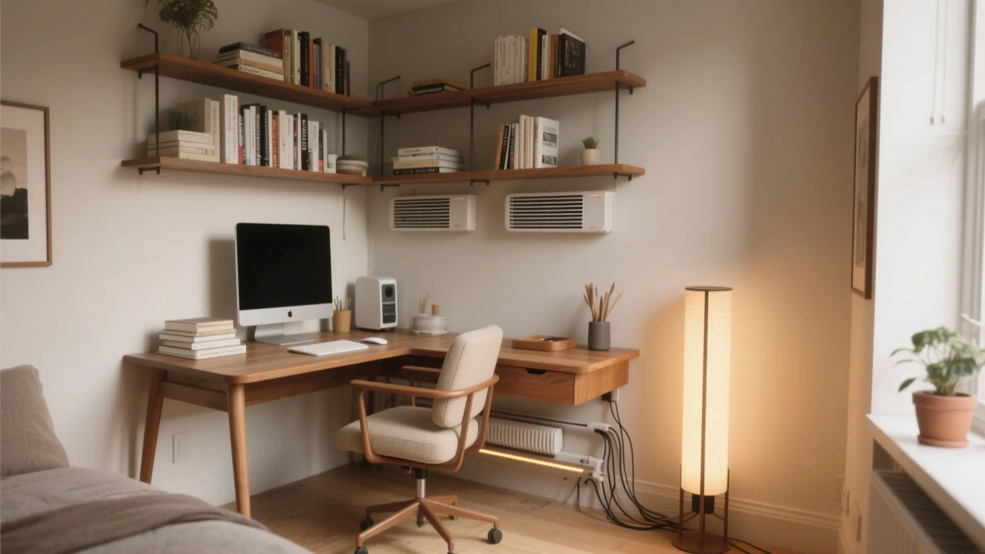Modern home office with wooden corner desk white chair wall shelves floor lamp and natural light