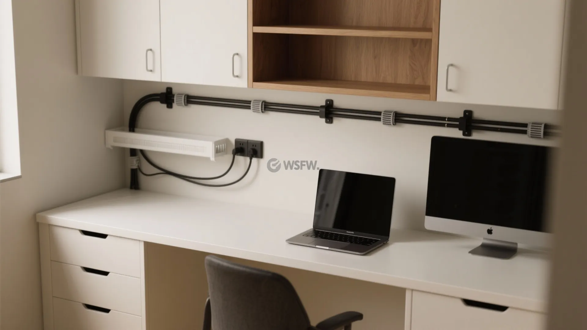 White home office desk with laptop computer monitor and black cable management on the wall