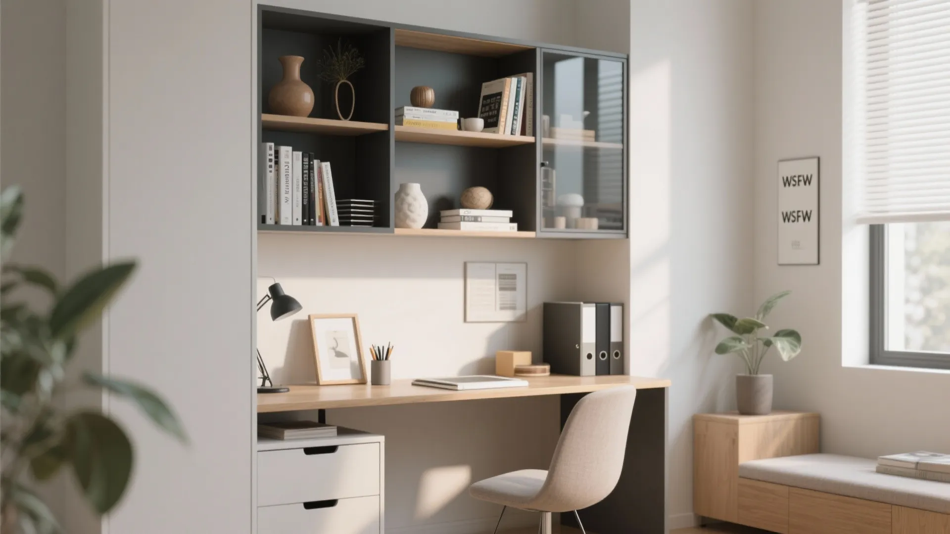 Modern home office desk with wooden tabletop grey wall cabinet beige chair and natural light