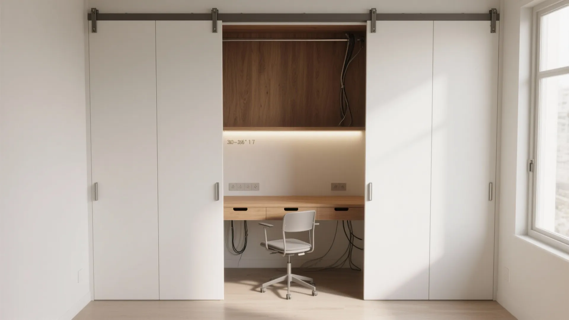 Minimalist home office hidden inside a white sliding door cabinet with wooden desk and chair