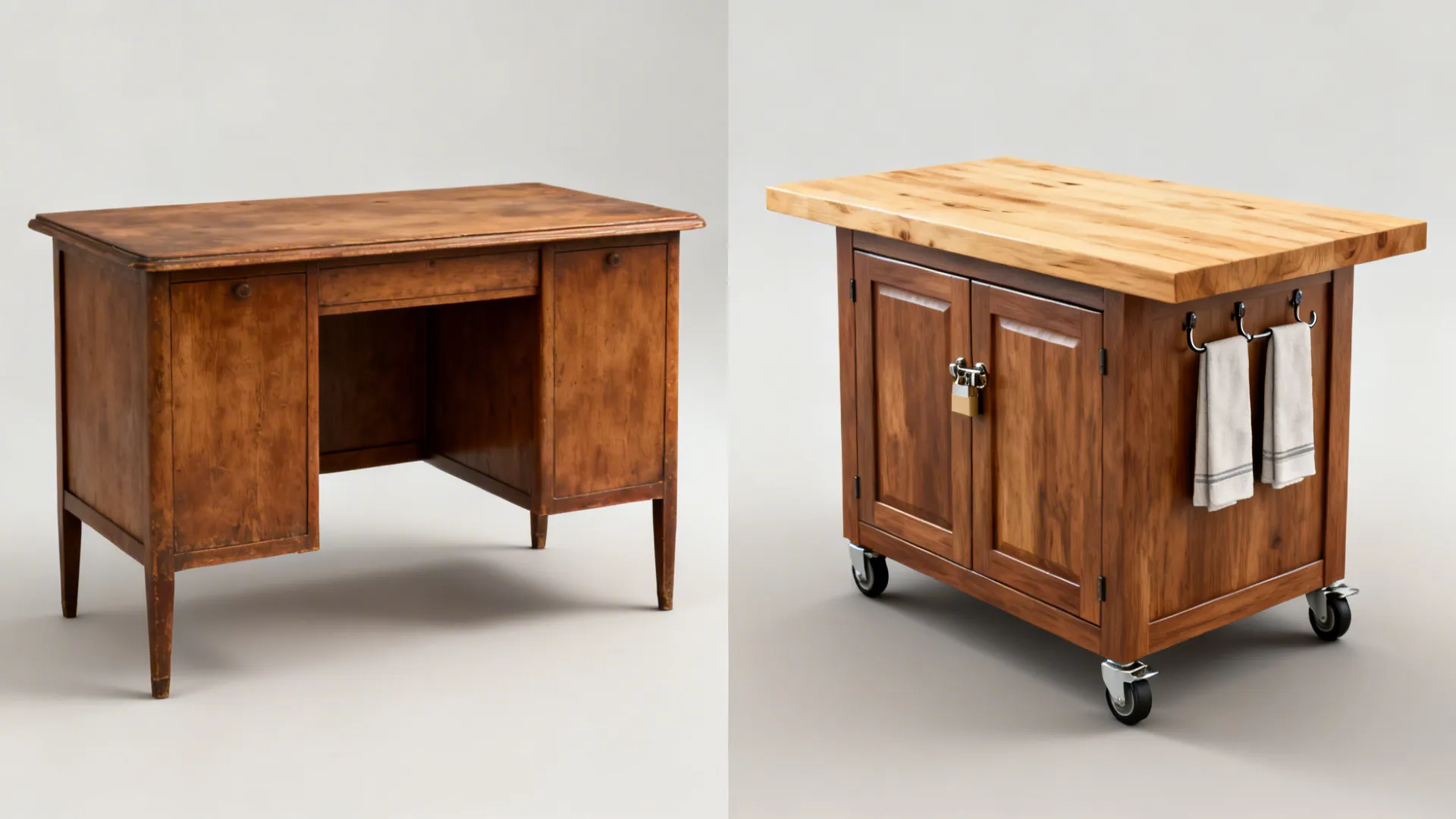 Before-and-after of a vintage desk upgraded with a thicker top and casters to function as an island.