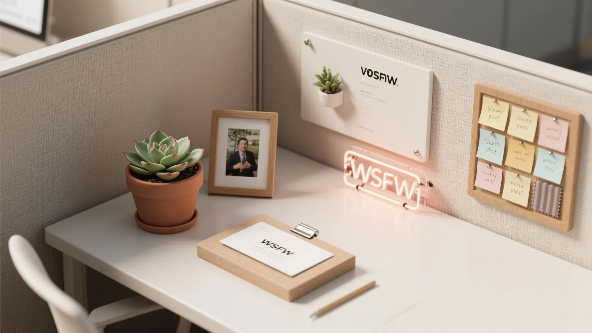 Top-down view of a personalized desk kit with a small plant, framed photo, mini sign and a mini gallery wall of notes.