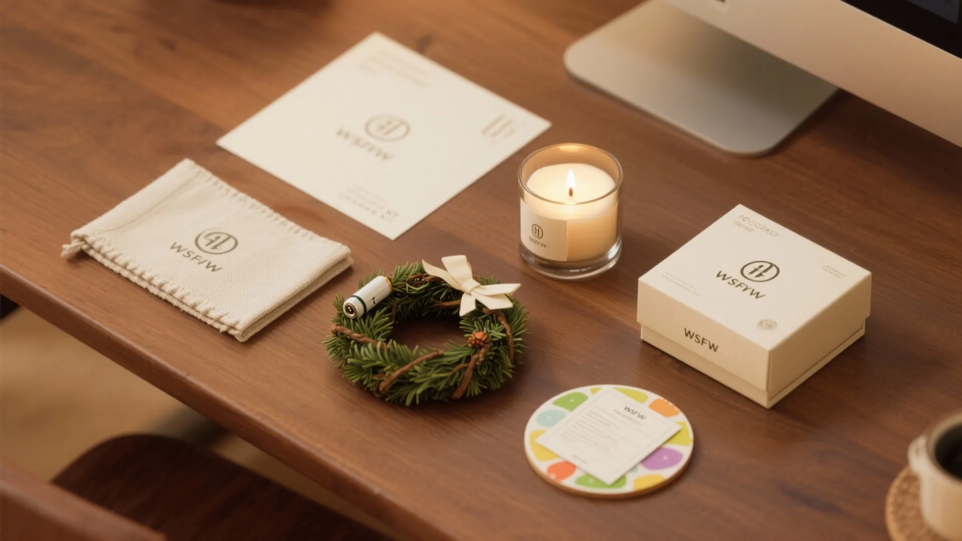 Wooden desk flatlay with lit candle small wreath white box and branded paper items for decoration