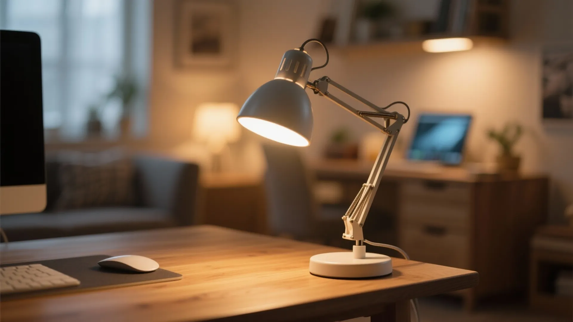 White adjustable desk lamp turned on sitting on a wooden desk with a computer keyboard