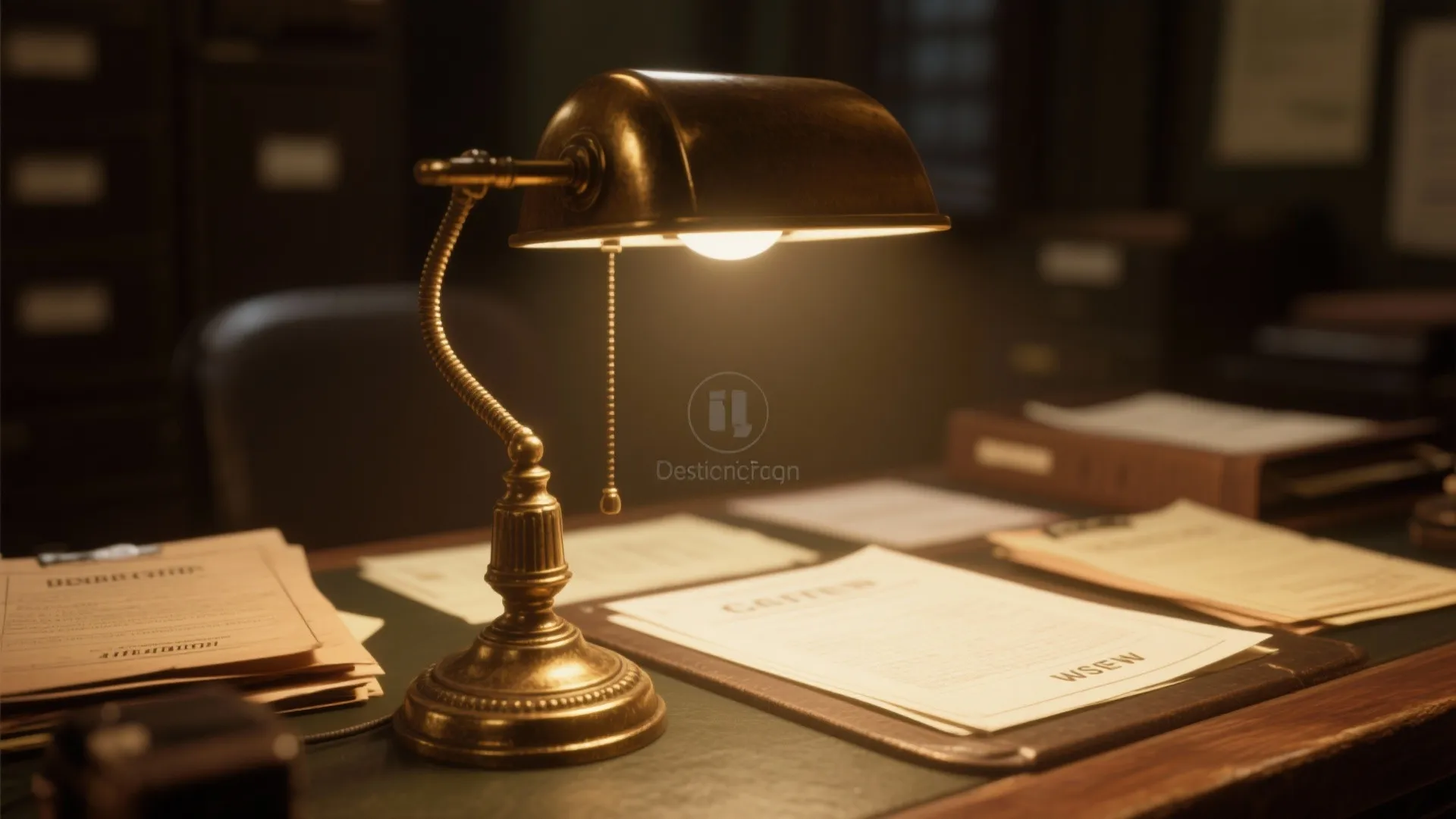 Classic metal desk lamp shining warm light on paper documents on a dark wooden office desk