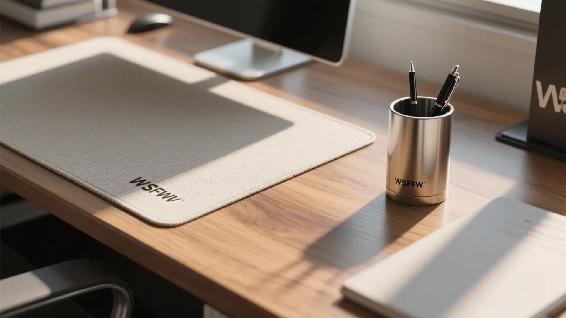 Wooden desk featuring a tan desk mat and a silver pen holder under warm sunlight