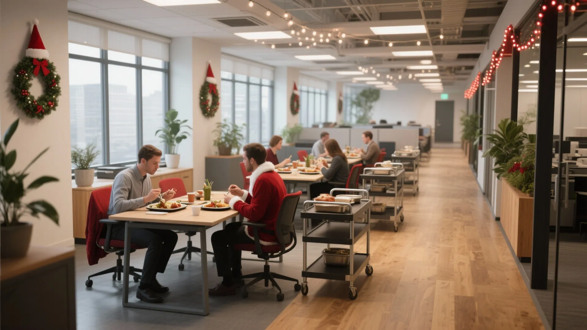 Modern office canteen with employees eating lunch at wooden tables decorated with festive Christmas wreaths