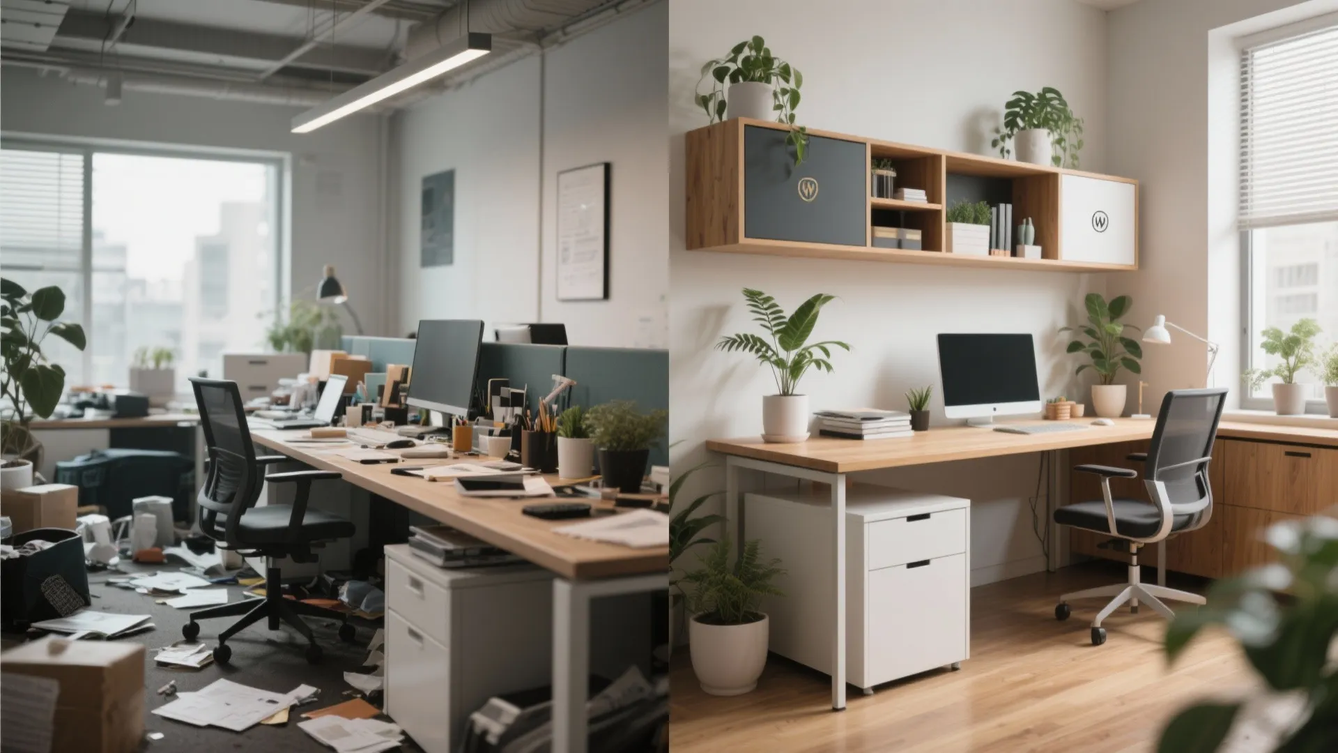 Side by side comparison of a messy office desk and a clean organized workspace setup