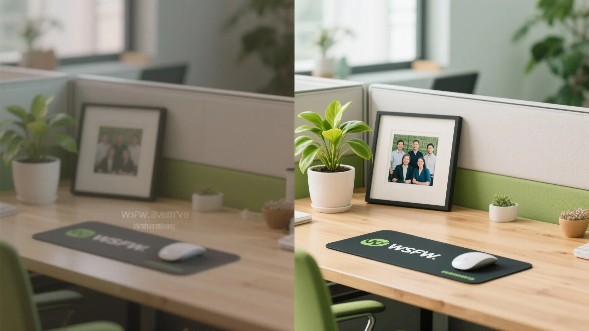 Before and after comparison of a blurry office desk versus a clear desk with framed photo