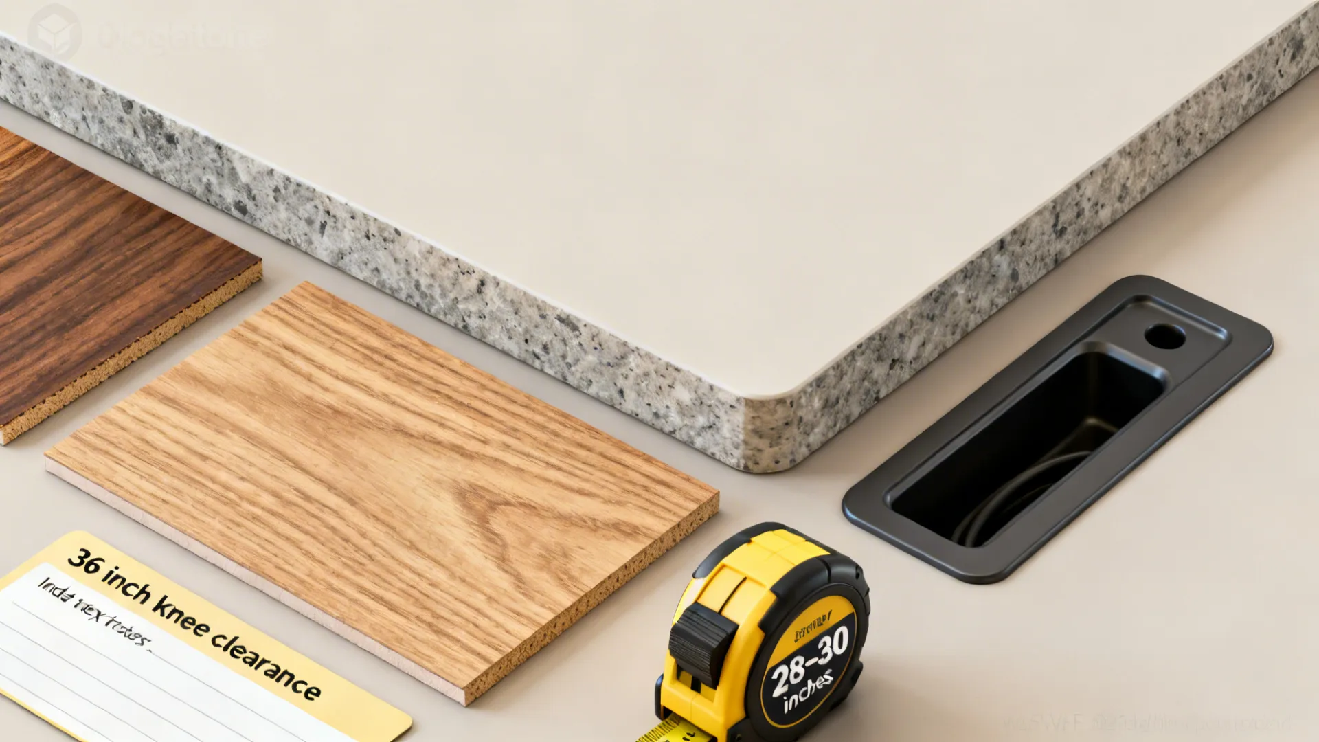 Flatlay of material samples, tape measure, and notes for built-in desk ergonomics and finishes.