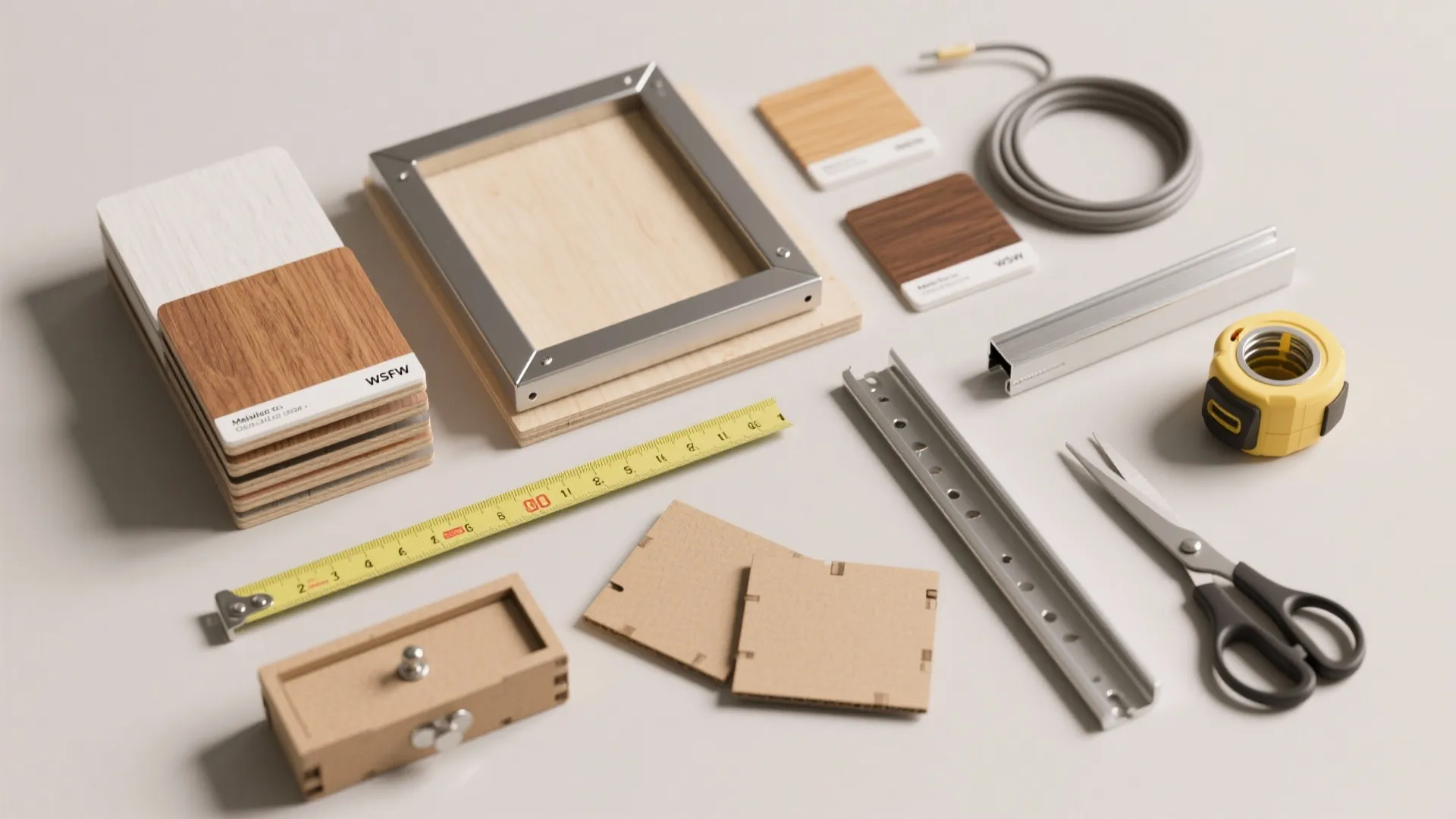 Top-down flatlay of melamine and plywood samples, metal frame swatch, tools and cardboard mock-up for planning a mini desk